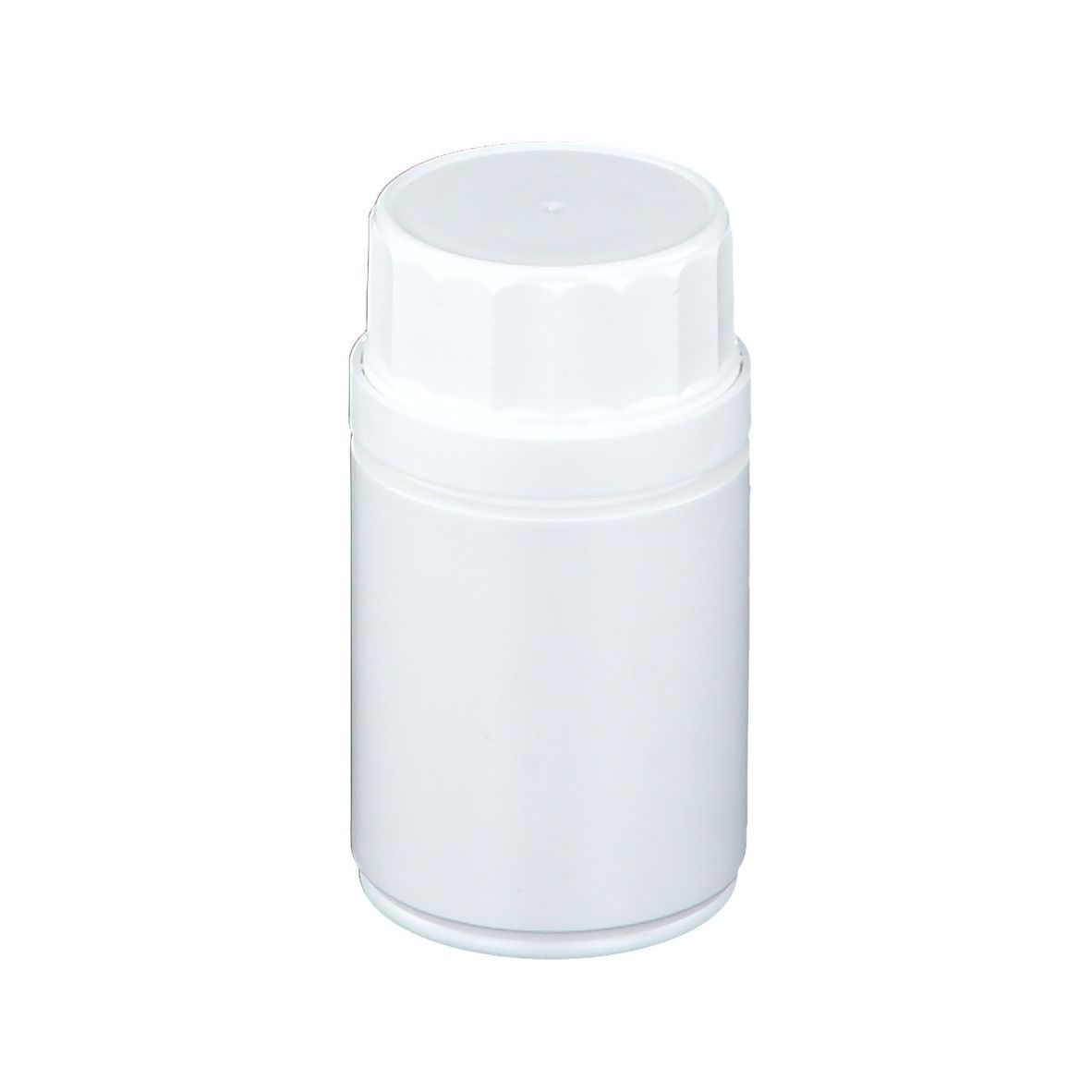 Flacon blanc avec couvercle. Aucune inscription visible. Design simple.