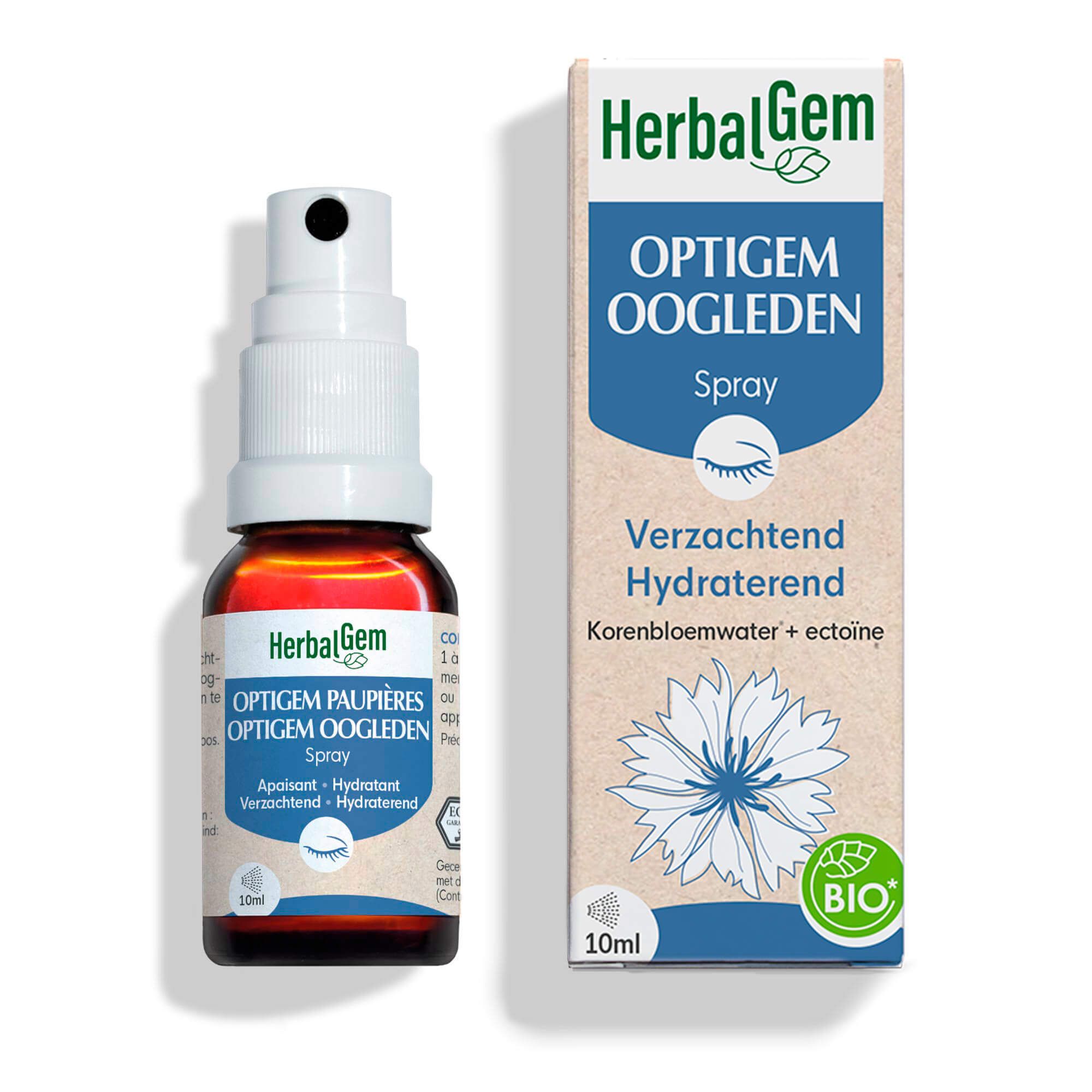 Sprayfles en verpakking. HerbalGem OPTIGEM Oogleden. 10ml. Met korenbloem.