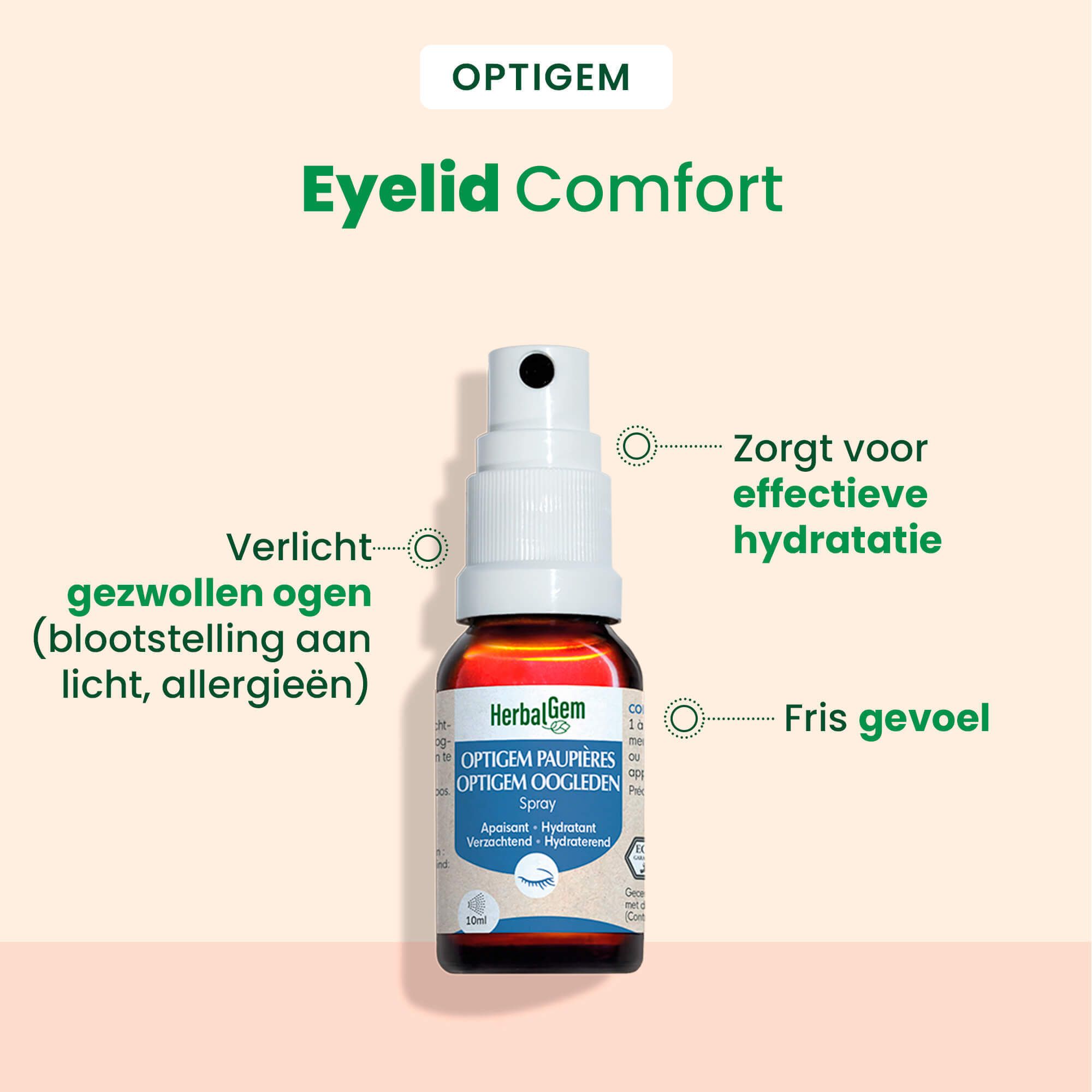 Sprayfles. HerbalGem OPTIGEM Oogleden. 10ml. Met korenbloem en ectoïne.