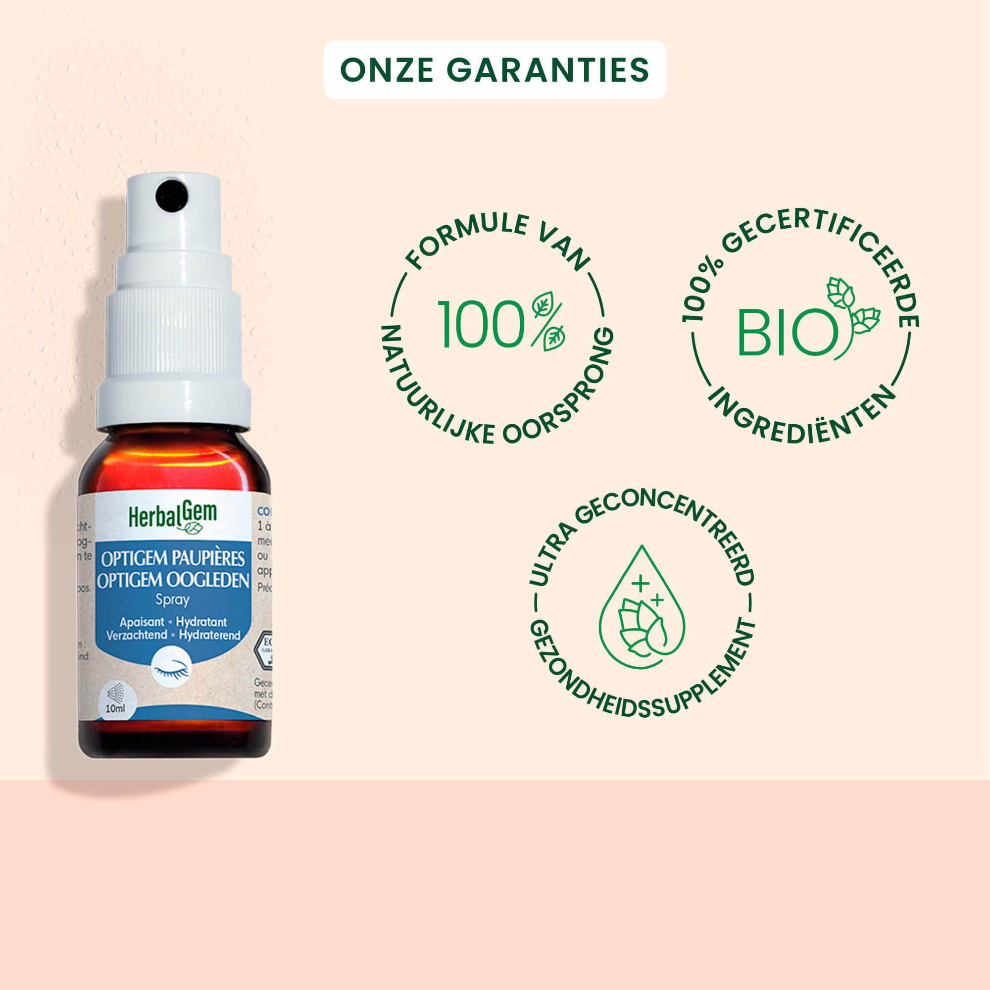 Product met sprayfles. HerbalGem OPTIGEM Oogleden. 10ml. Met certificeringen.