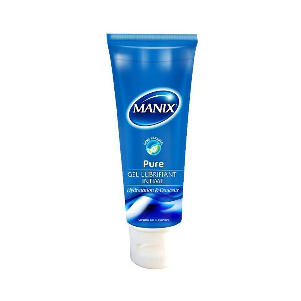 Gel lubrifiant Manix Pure dans un tube bleu avec un bouchon rabattable blanc.