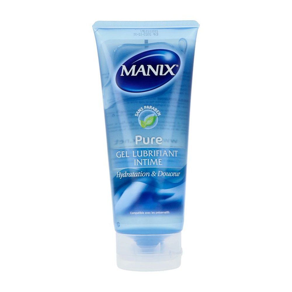 Gel lubrifiant Manix Pure dans un tube bleu avec un bouchon rabattable blanc.