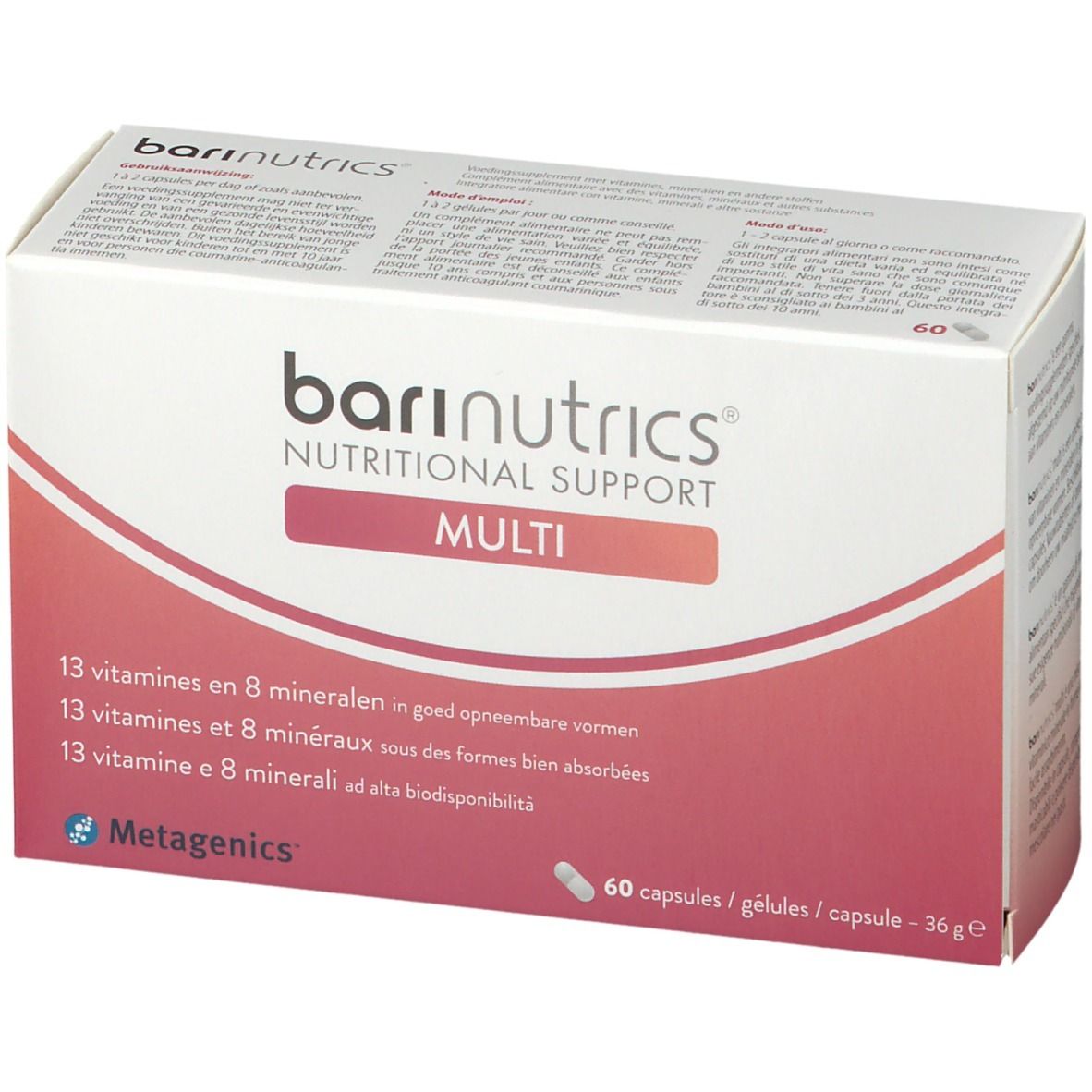 Boîte "barinutrics MULTI". Contient 60 gélules. Inscription : 13 vitamines et 8 minéraux.