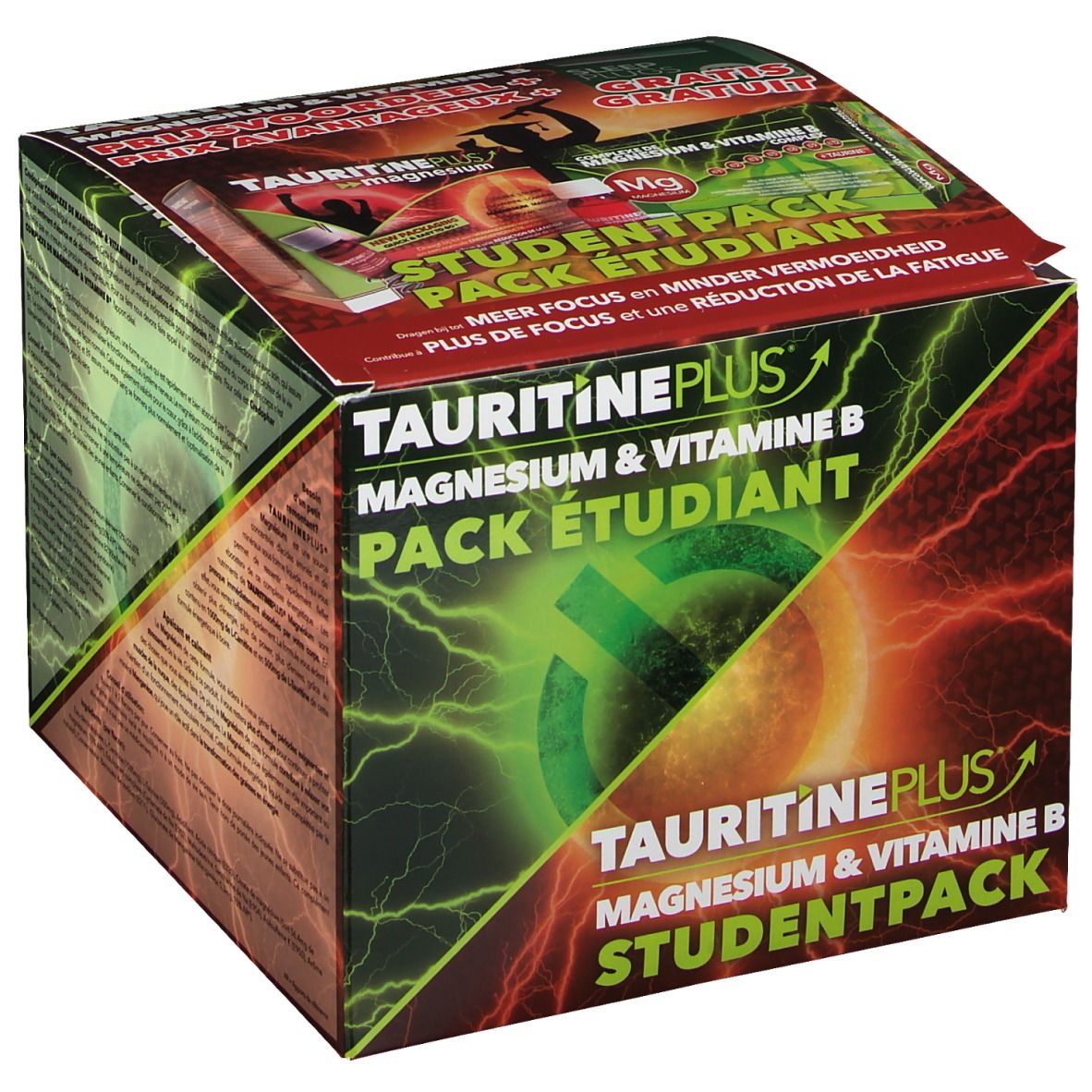 Boîte de TAURITINE PLUS® Magnesium & Vitamine B. Inscription: STUDENTPACK, Magnesium & Vitamine B, Pack Étudiant. Bouchons d'oreille GRATUITS.
