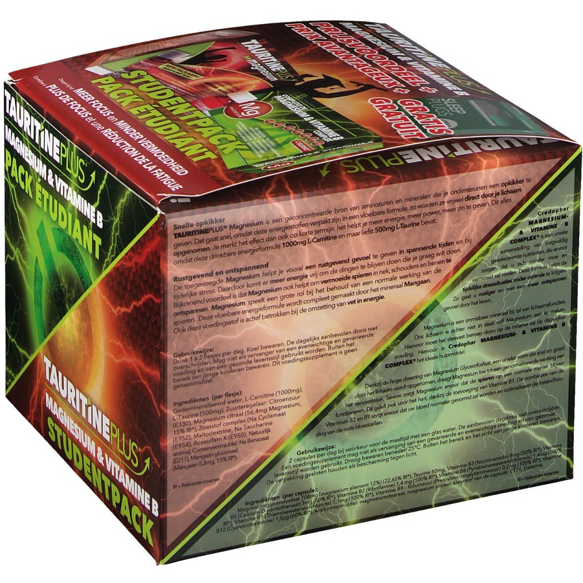 Dos de la boîte de TAURITINE PLUS® Magnesium & Vitamine B. Texte en allemand, français et néerlandais. Contient des informations sur le produit.
