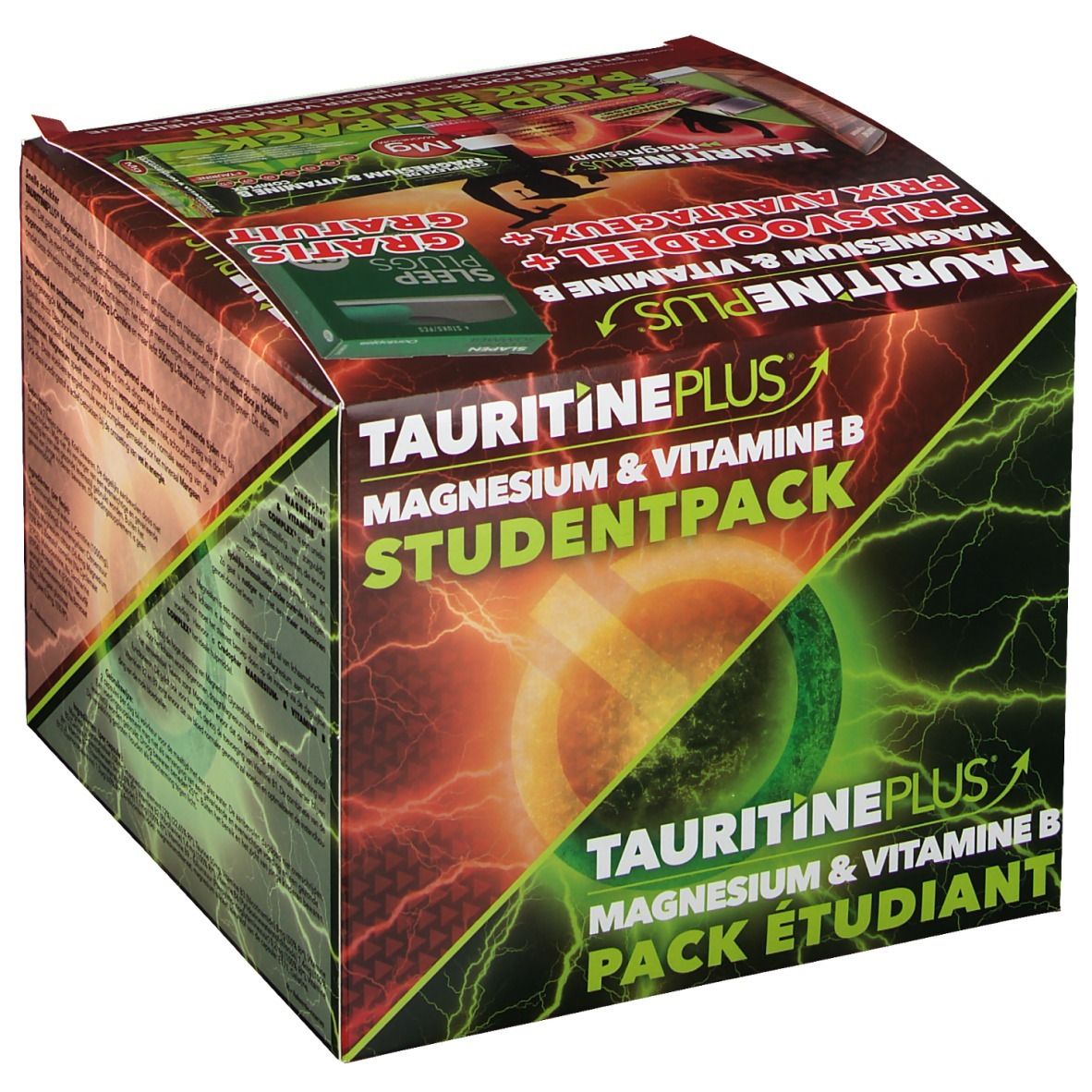 Boîte de TAURITINE PLUS® Magnesium & Vitamine B. Inscription: STUDENTPACK, Magnesium & Vitamine B, Pack Étudiant. Bouchons d'oreille GRATUITS.