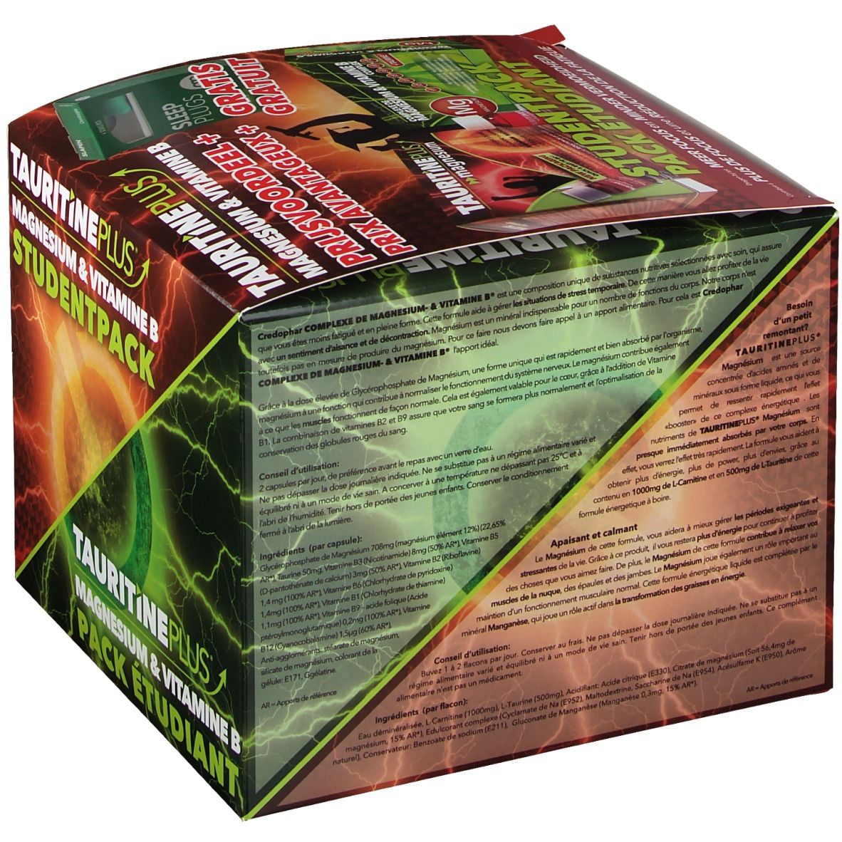 Dos de la boîte de TAURITINE PLUS® Magnesium & Vitamine B. Texte en allemand, français et néerlandais. Contient des informations sur le produit.