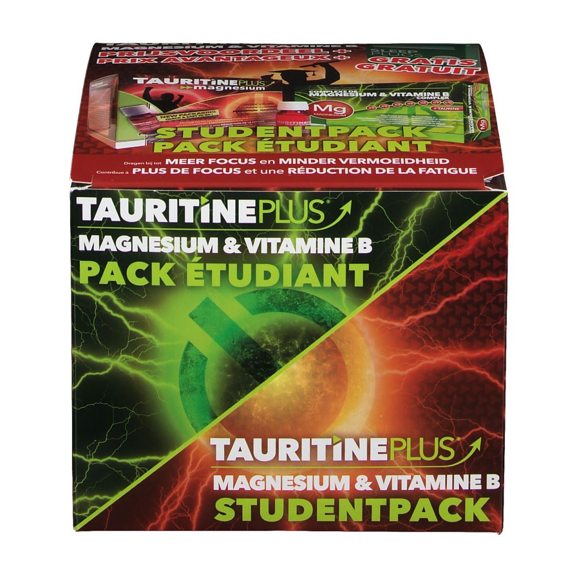 Boîte de TAURITINE PLUS® Magnesium & Vitamine B. Inscription: STUDENTPACK, Magnesium & Vitamine B, Pack Étudiant. Bouchons d'oreille GRATUITS.