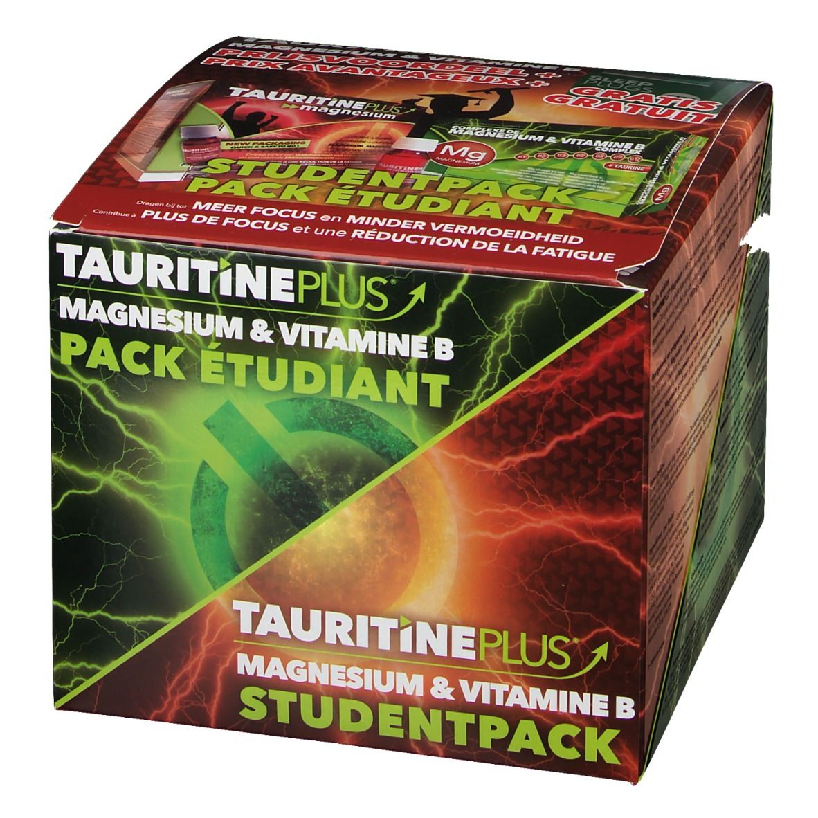 Plusieurs boîtes de TAURITINE PLUS® Magnesium & Vitamine B. Inscription: STUDENTPACK, Magnesium & Vitamine B, Pack Étudiant. Bouchons d'oreille GRATUITS.