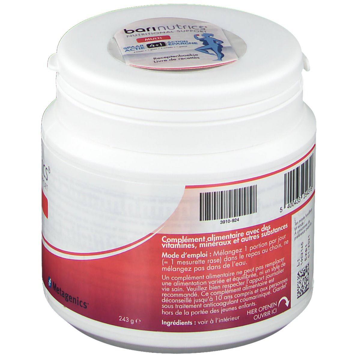 Pot blanc avec bande rouge et texte. Dos avec informations et code-barres. Marque : BariNutrics.