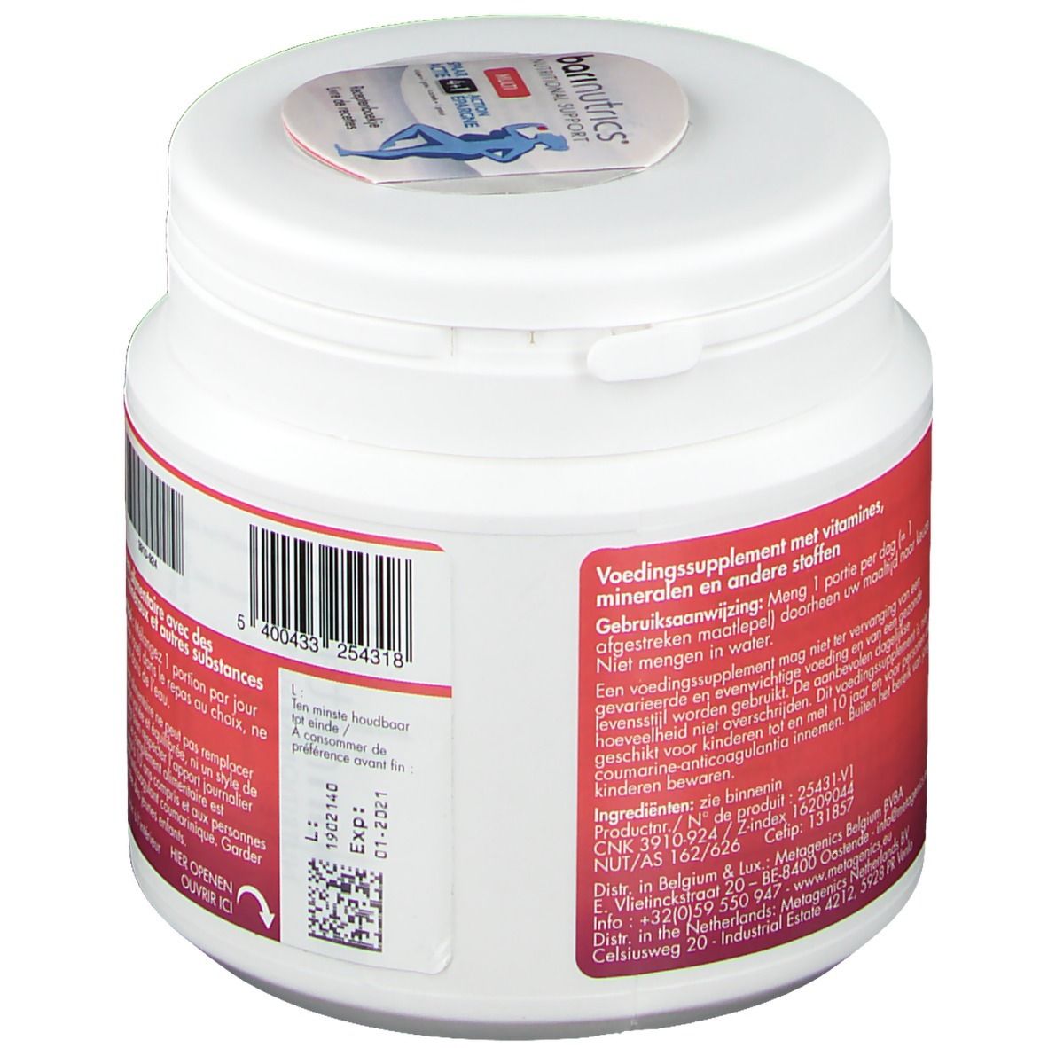 Pot blanc avec bande rouge et texte. Dos avec informations et code-barres. Marque : BariNutrics.