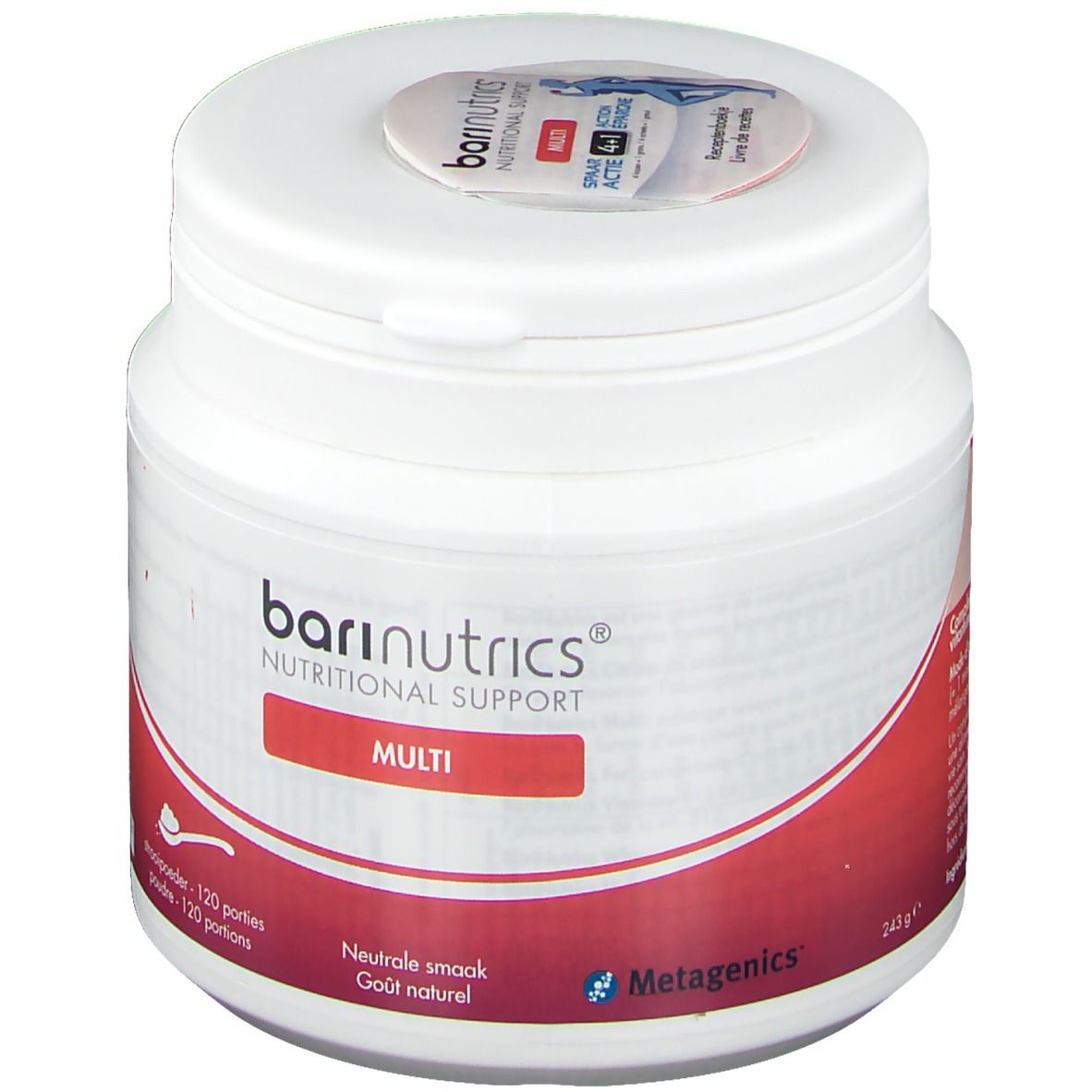 Poudre de supplément blanche en pot. Bande rouge avec texte. Couvercle avec autocollant. Marque : BariNutrics.