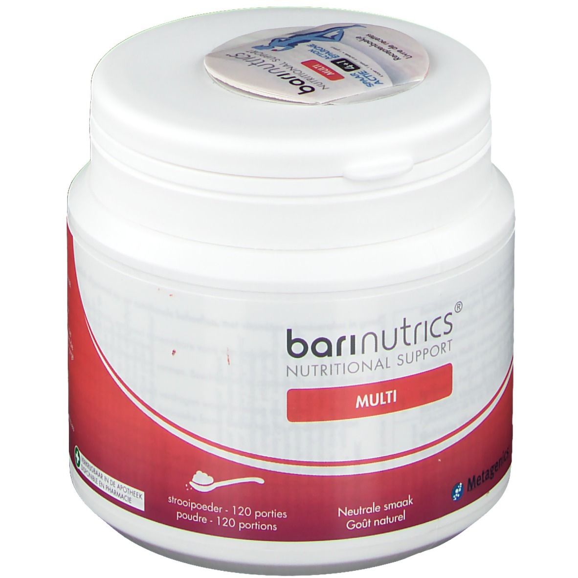 Poudre de supplément blanche en pot. Bande rouge avec texte. Couvercle avec autocollant. Marque : BariNutrics.