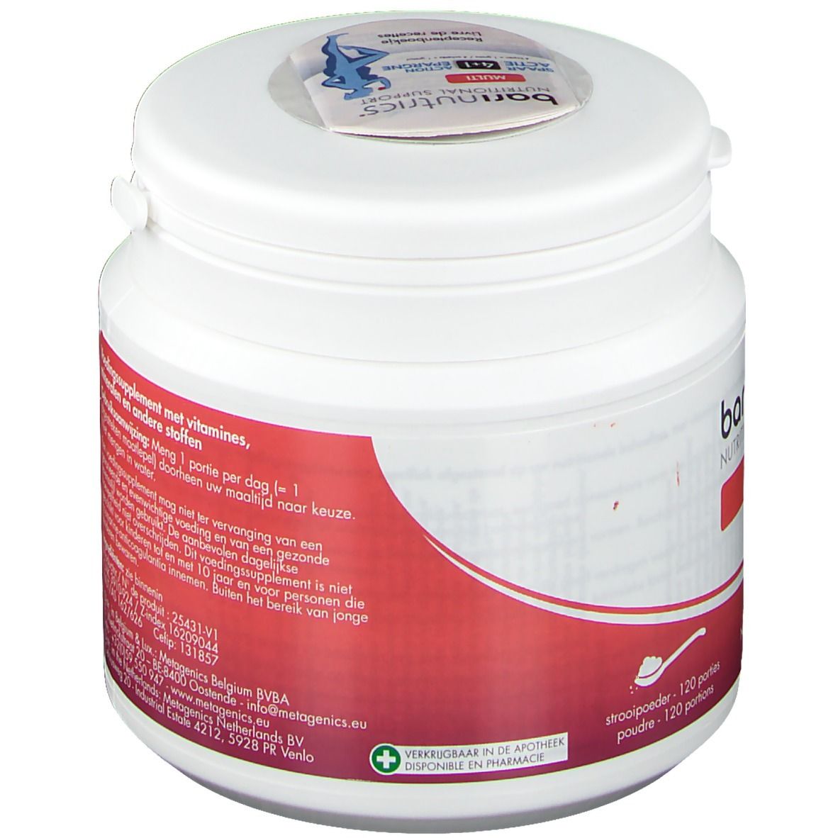 Pot blanc avec bande rouge et texte. Dos avec informations. Marque : BariNutrics.