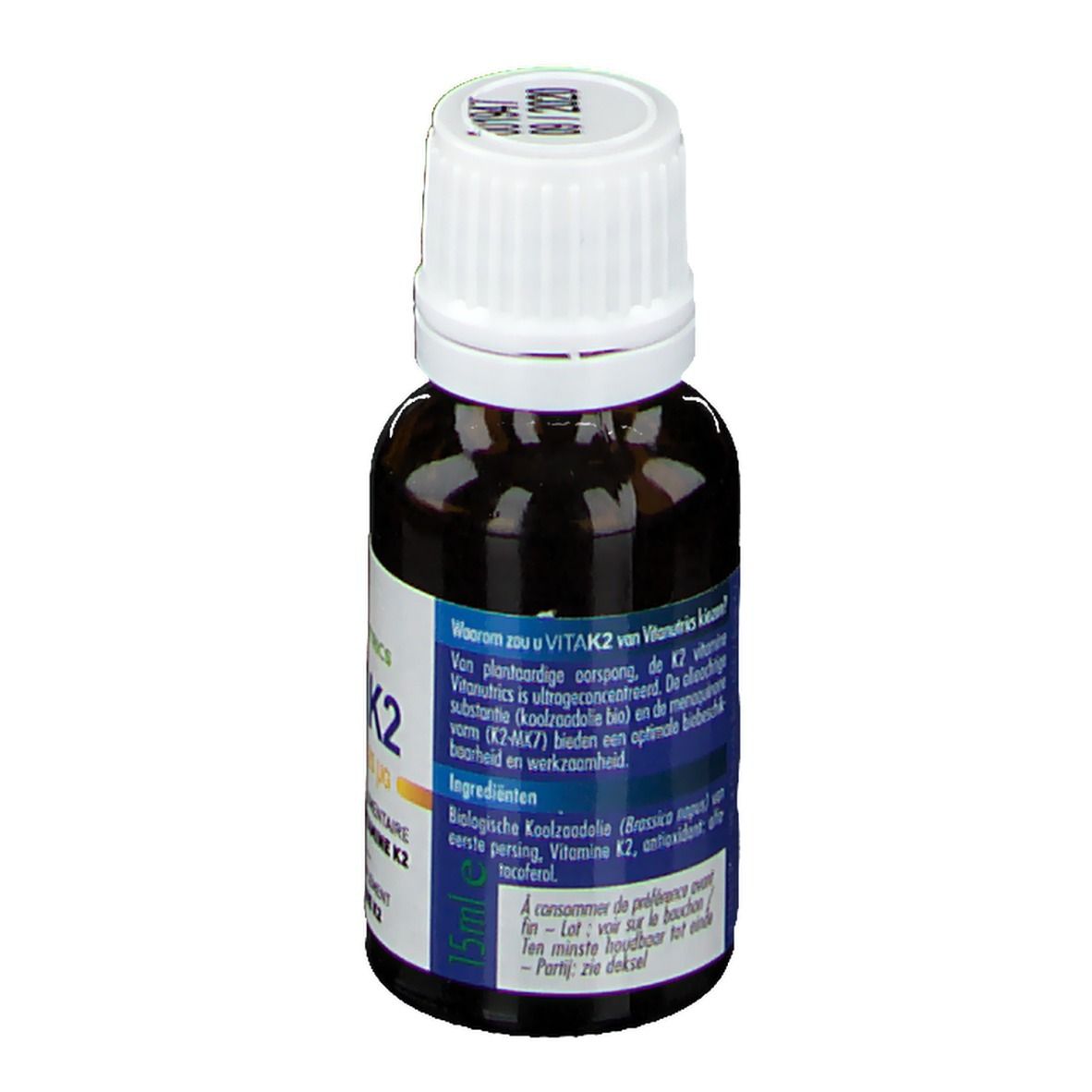 Bruine glazen fles met witte dop. Etiket met tekst in het Nederlands. Productinformatie.