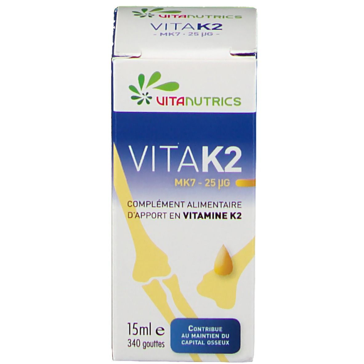 Doos met bruine glazen fles. Opschrift: VITA K2, MK7 - 25 µg. Doos met botillustratie.