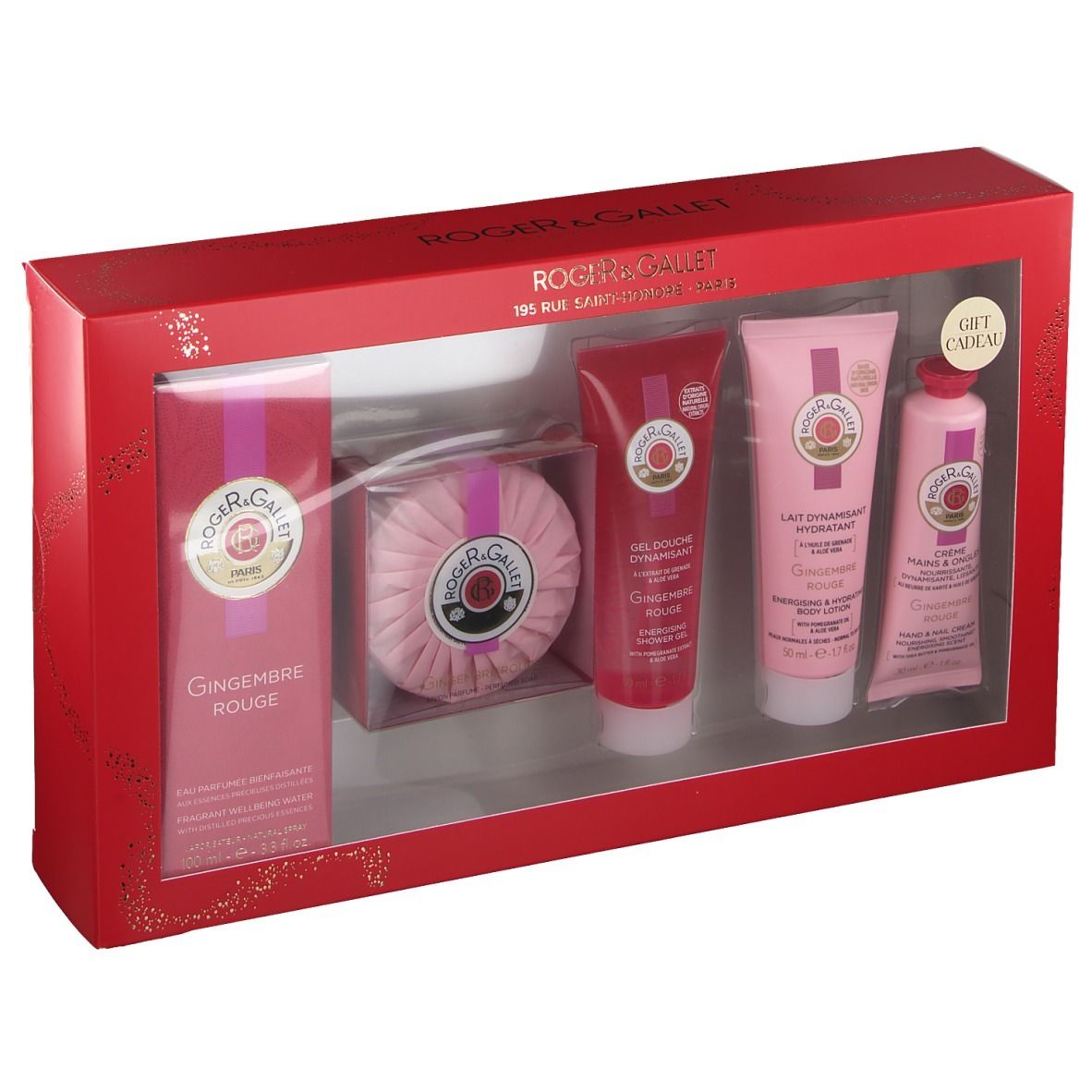 Coffret cadeau rouge contenant un flacon, un savon, un gel douche, une lotion pour le corps et une crème pour les mains.