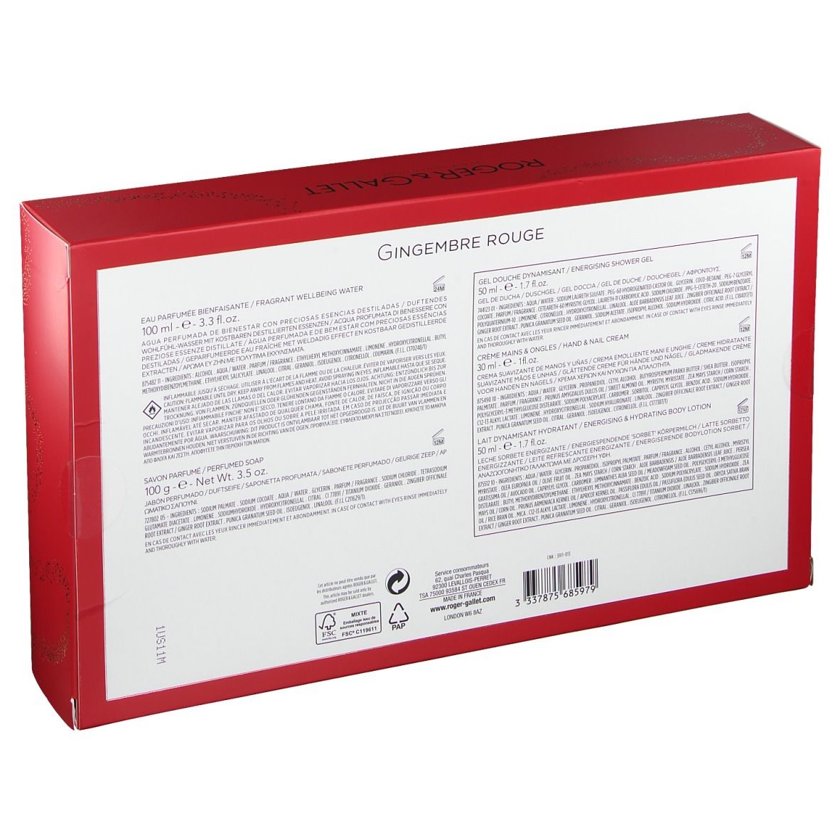 Dos du coffret cadeau avec texte. Contient des informations sur les ingrédients et le fabricant. Logo FSC.