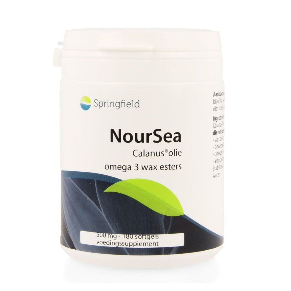 Witte plastic pot met deksel. Opschrift: Springfield Noursea Calanus olie, omega 3 wax esters. Groen-blauwe grafiek.