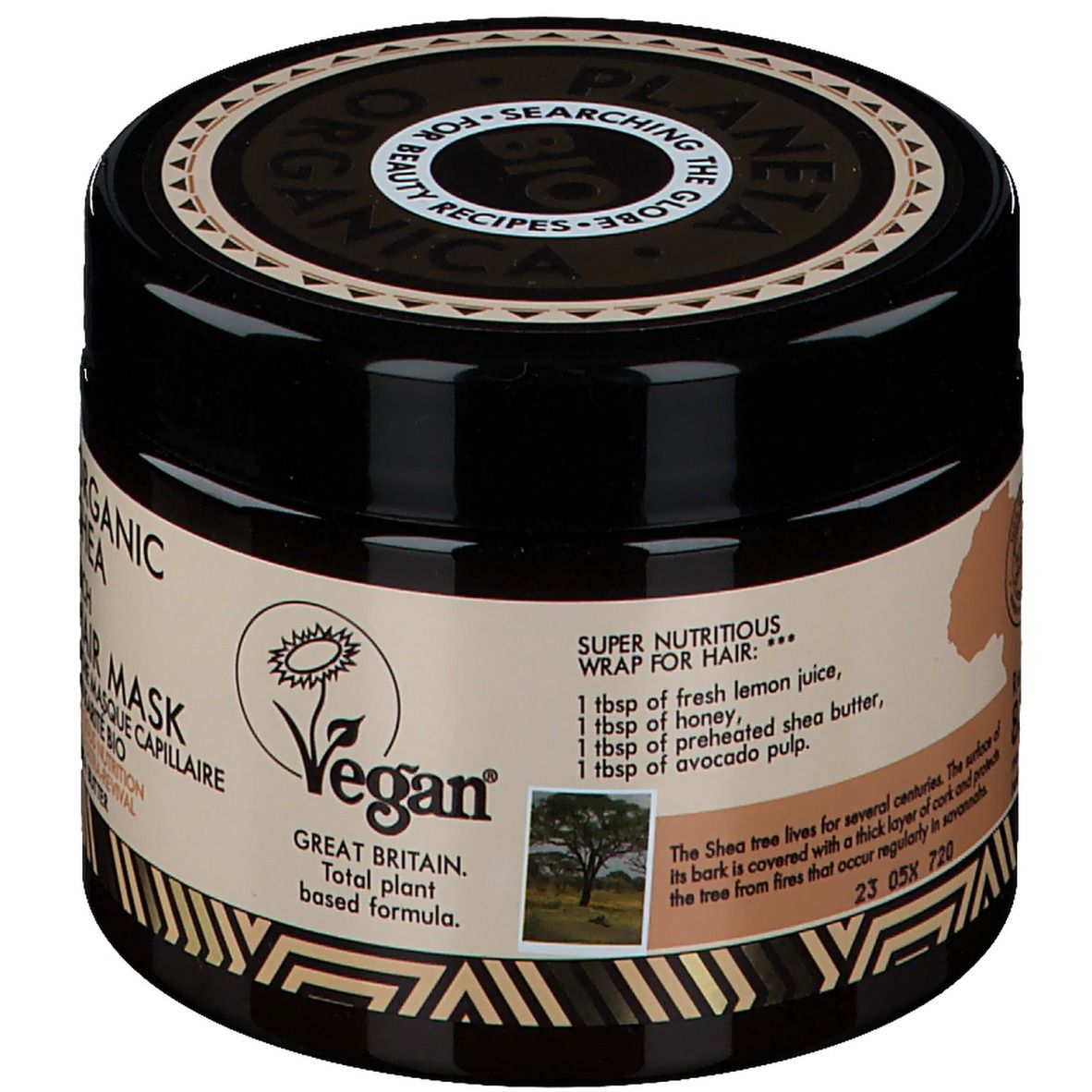Pot brun foncé avec couvercle. Inscription : PLANETA ORGANICA BIO, ORGANIC SHEA, RICH HAIR MASK. Label Vegan. Texte sur les ingrédients.