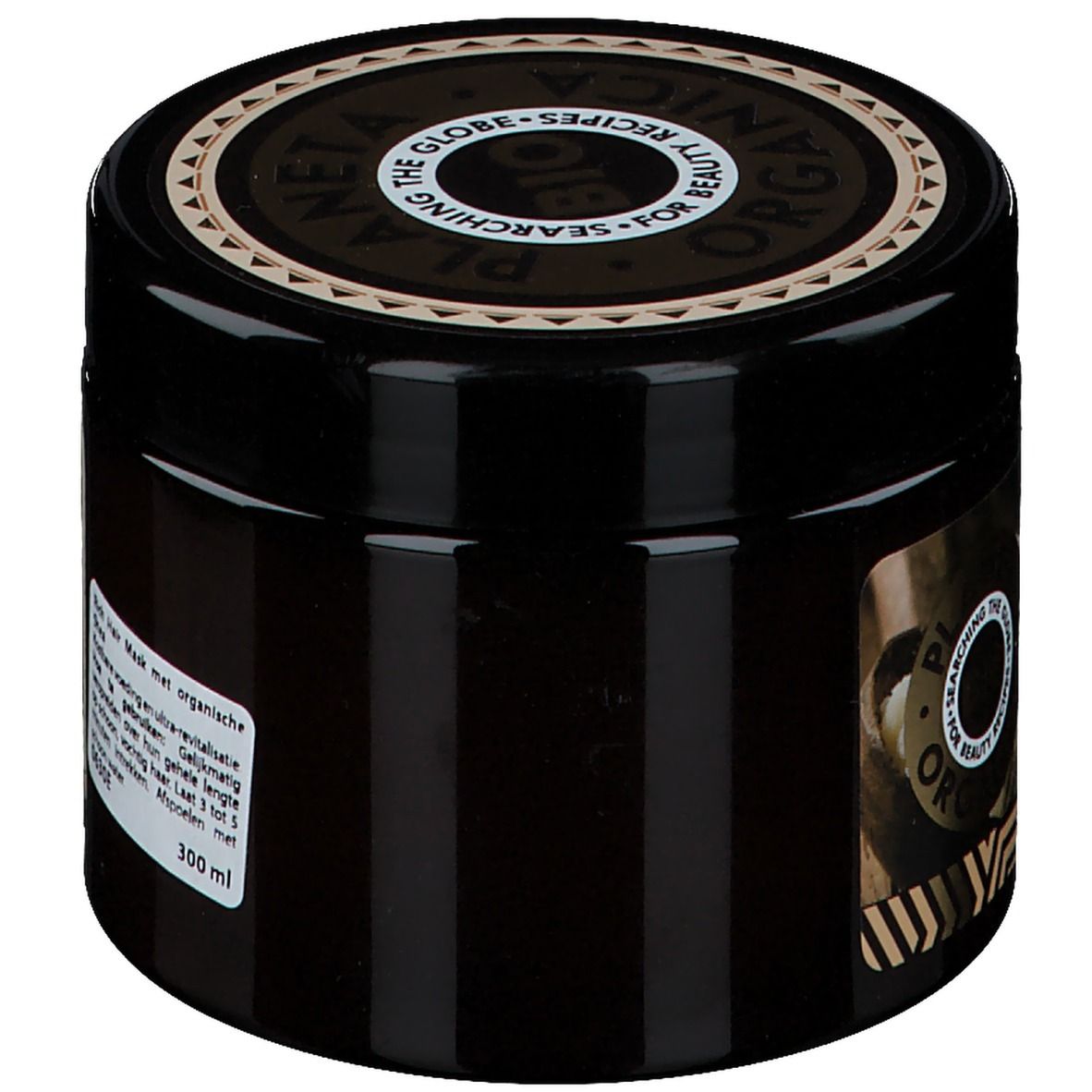 Pot brun foncé avec couvercle. Inscription : PLANETA ORGANICA BIO. 300 ml.