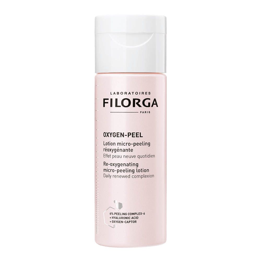 Roze fles met witte dop. Opschrift FILORGA OXYGEN-PEEL. Lotion micro-peeling réoxygénante.