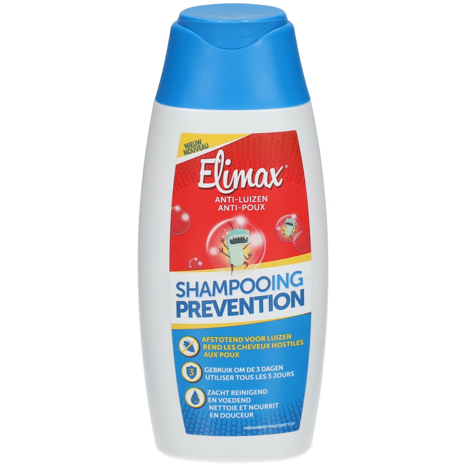 Elimax anti-luizenshampoo. Witte fles met blauwe dop. Rode sticker met productnaam en illustraties.