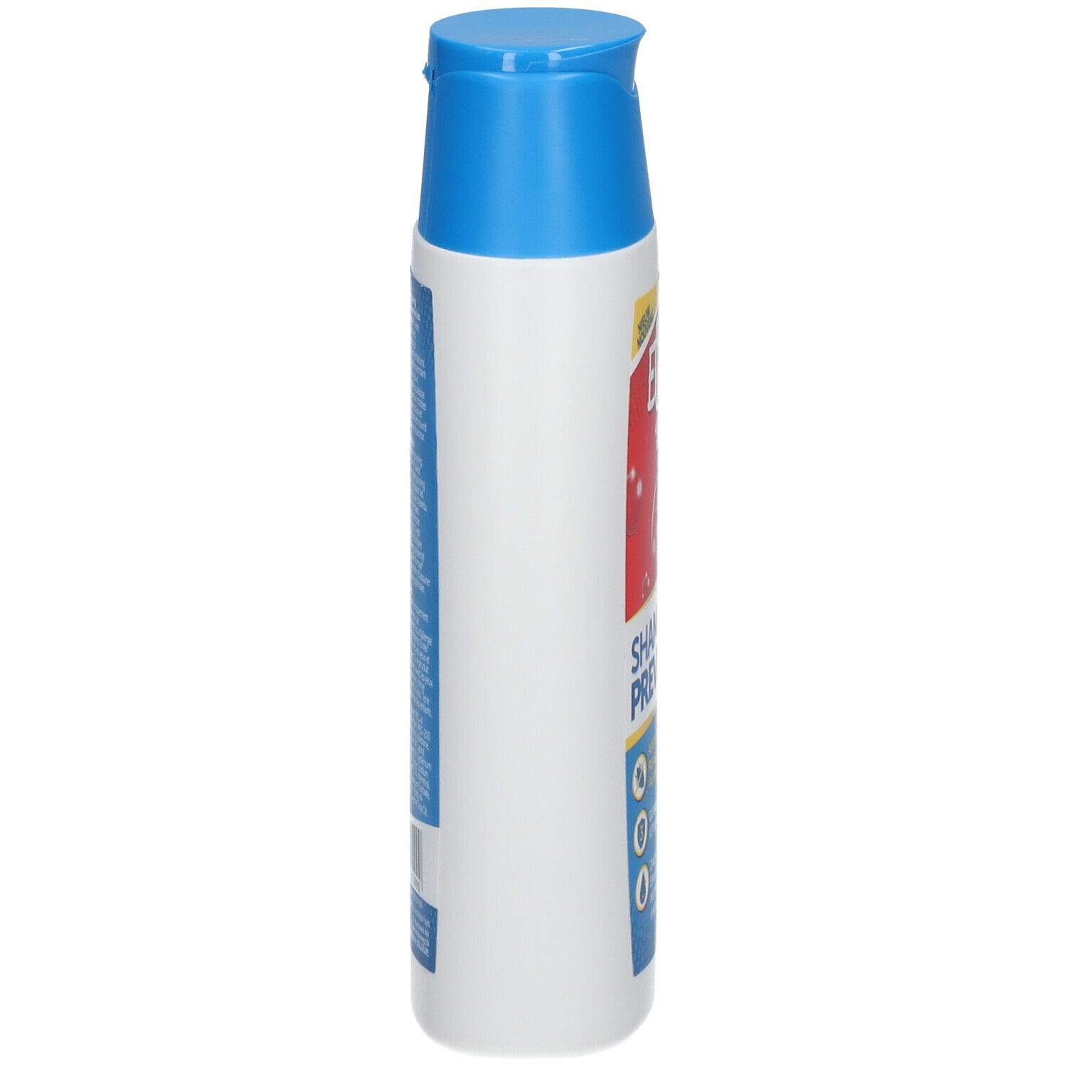 Elimax anti-luizenshampoo. Witte fles met blauwe dop. Zijaanzicht met tekst en productinformatie.
