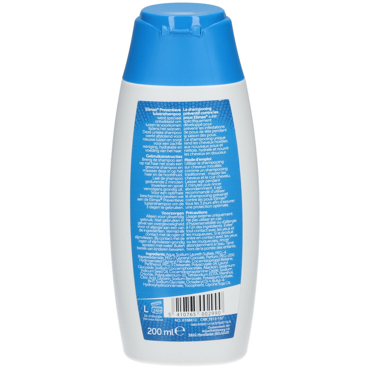 Elimax anti-luizenshampoo. Witte fles met blauwe dop. Achterkant met productinformatie en ingrediënten.
