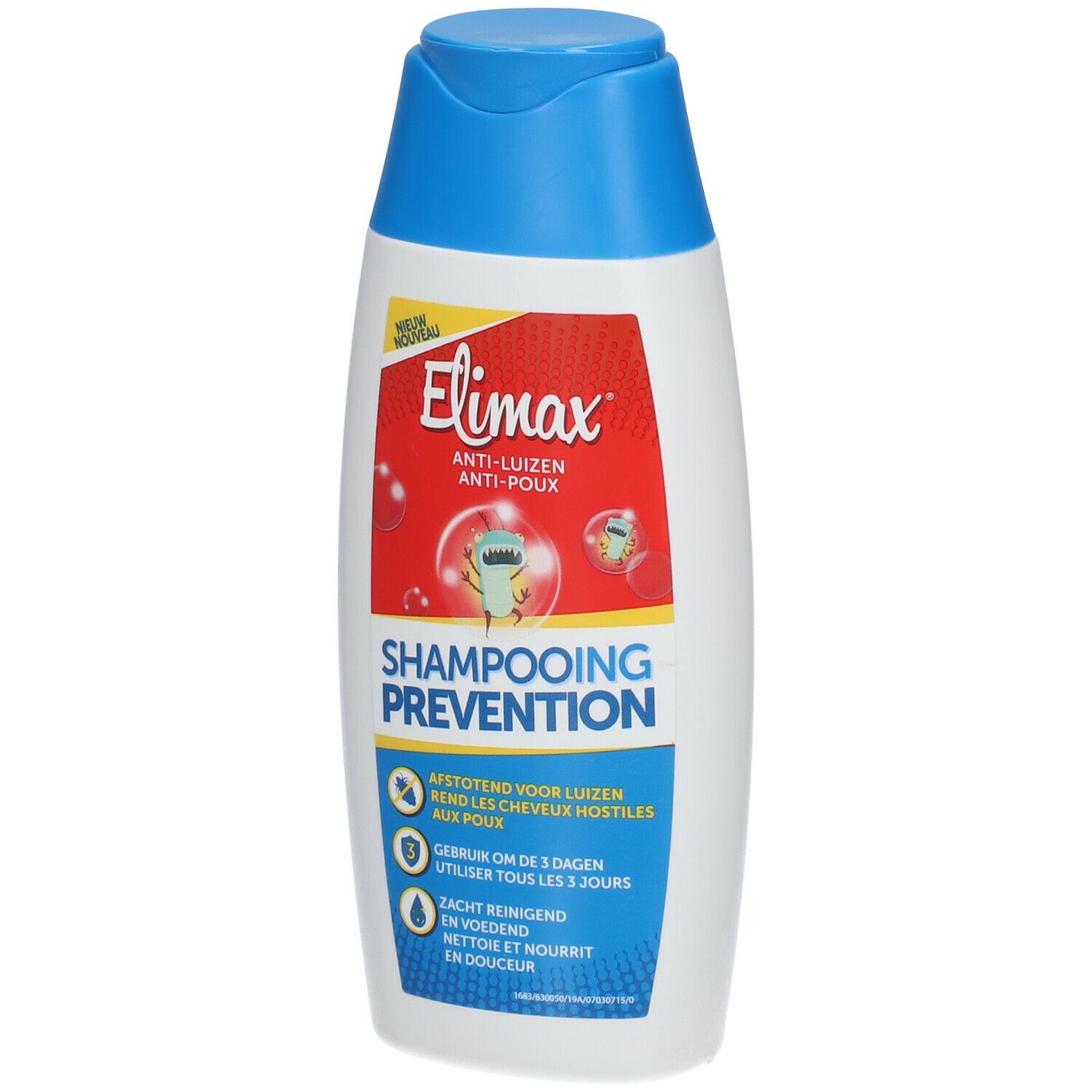 Elimax anti-luizenshampoo. Witte fles met blauwe dop. Rode sticker met productnaam en illustraties.