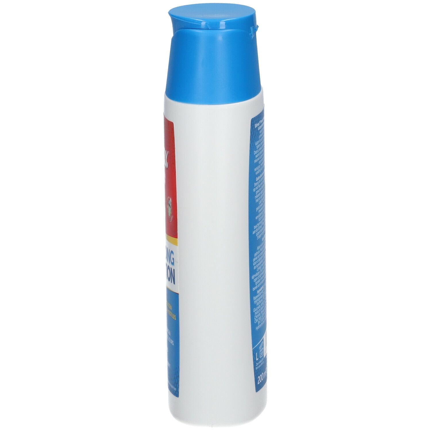 Elimax anti-luizenshampoo. Witte fles met blauwe dop. Zijaanzicht met tekst en productinformatie.