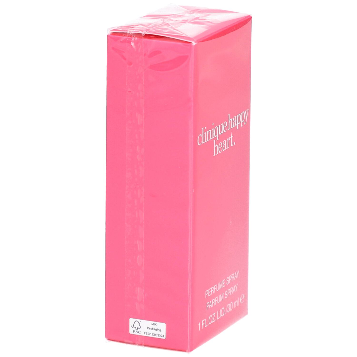 Roze verpakking van Clinique Happy Heart, verpakt. Opschrift: Parfum Spray.