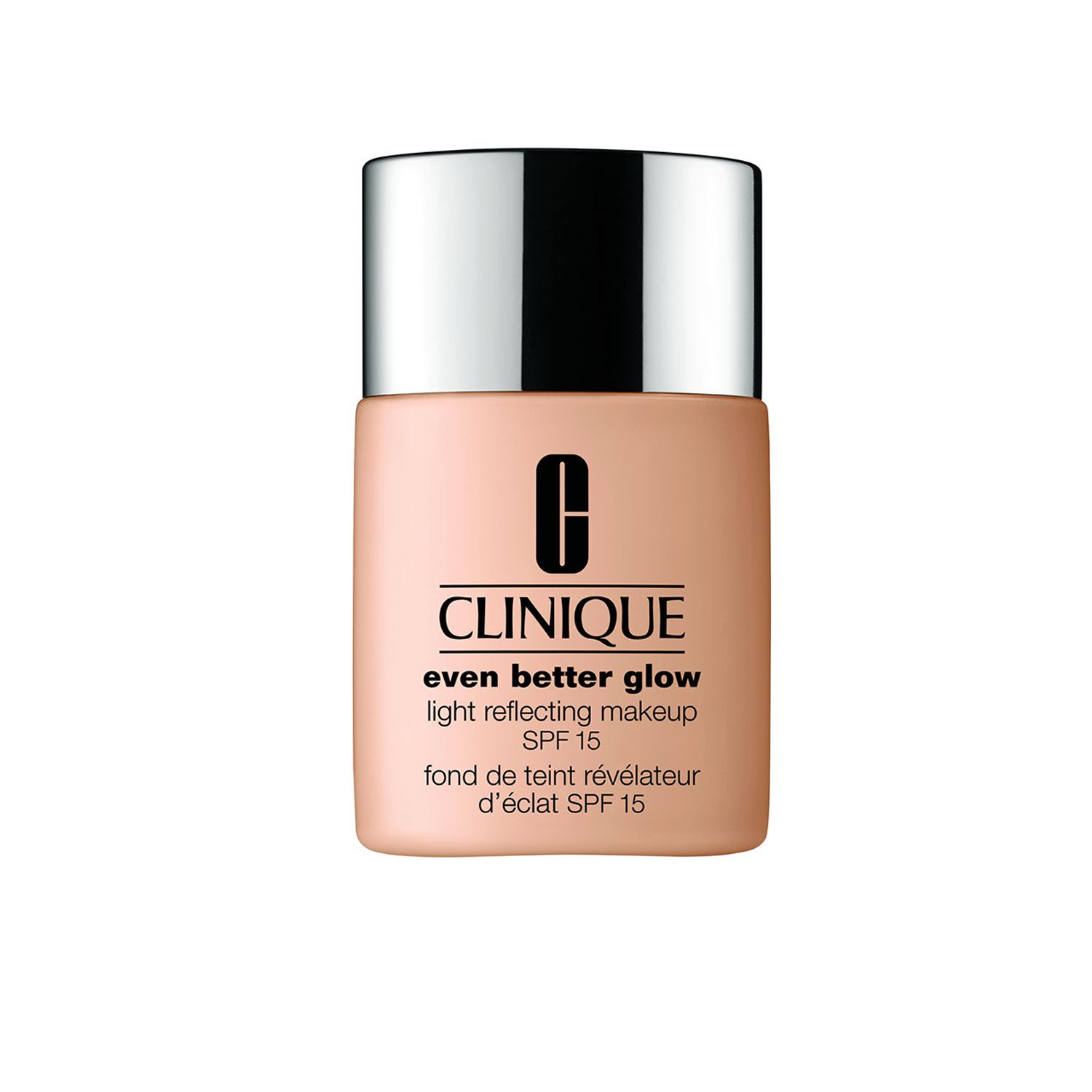 Beige fles met zilveren dop. Opschrift: Clinique Even Better Glow Light Reflecting Makeup SPF 15.