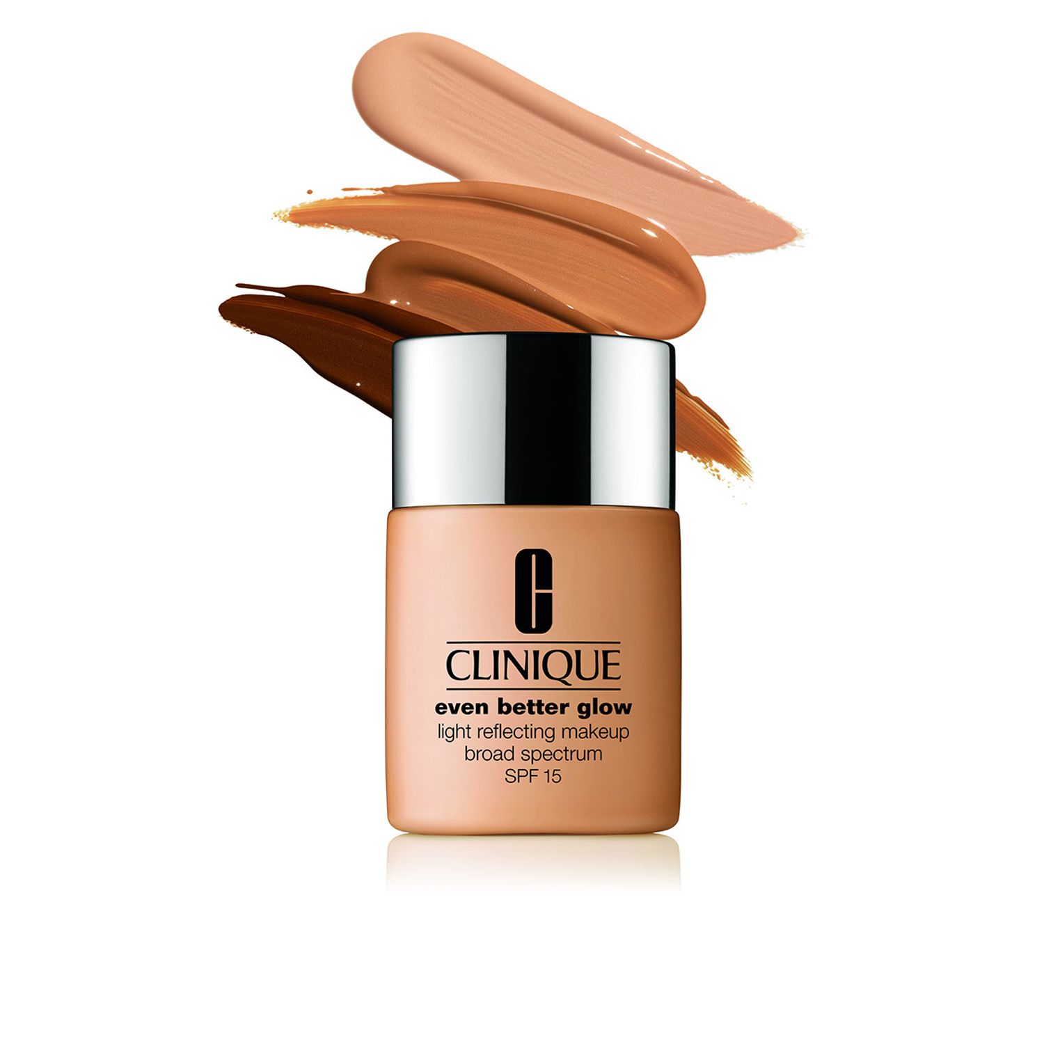 Fles foundation met tinten. Opschrift: Clinique Even Better Glow Light Reflecting Makeup SPF 15.