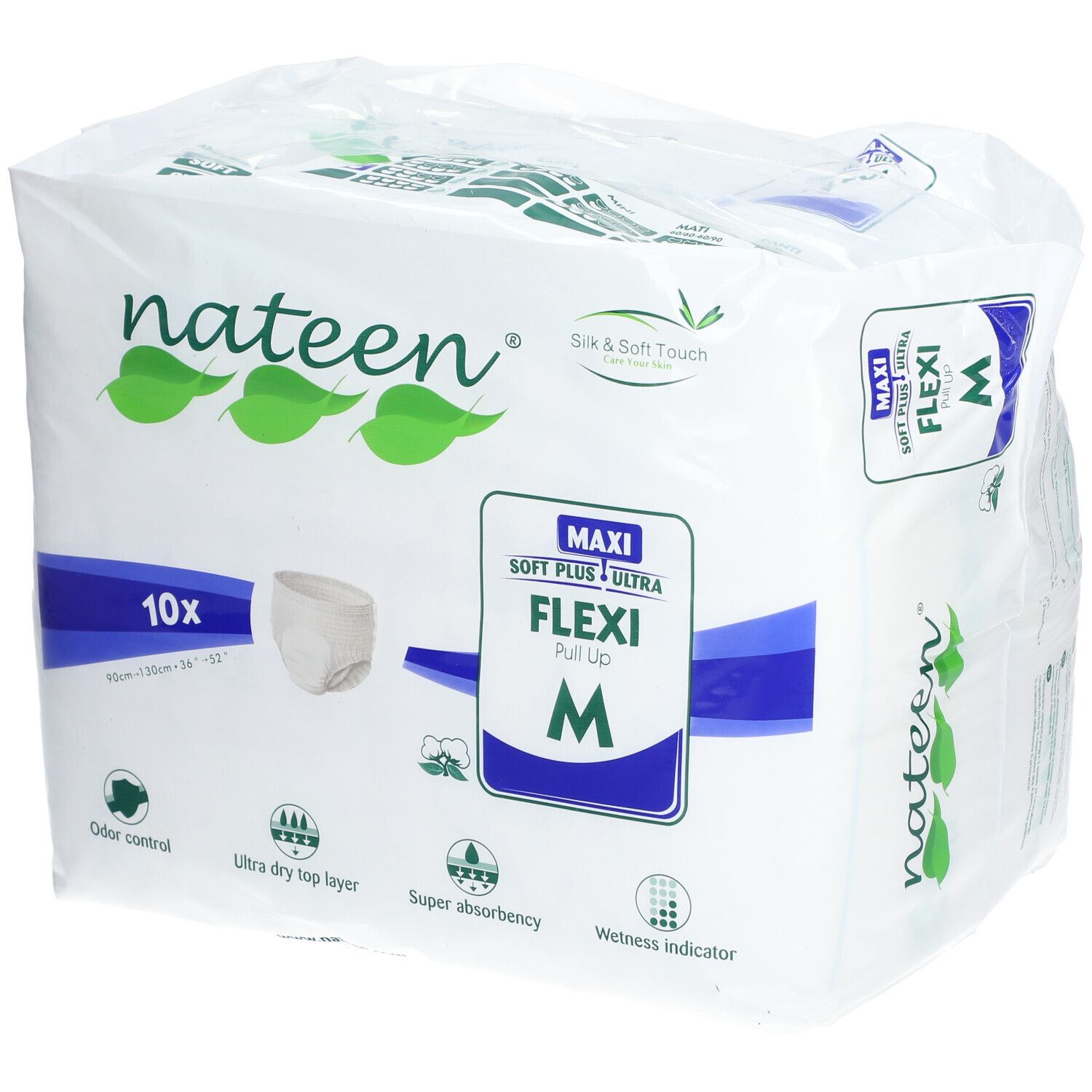 Verpakking van Nateen Flexi Pants Maxi Medium. 10 stuks. Maat M. Kenmerken: geurcontrole, ultra droge toplaag, super absorptie.
