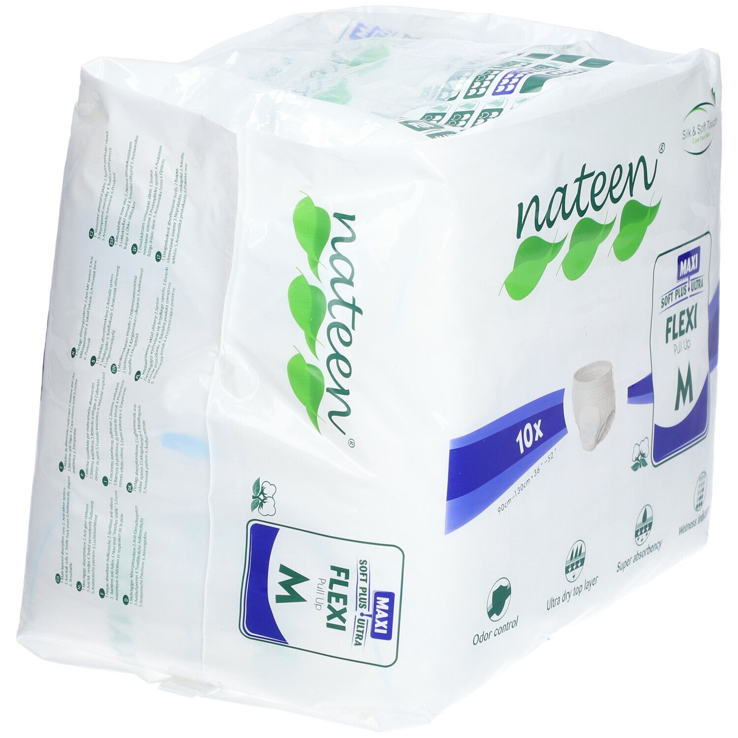 Verpakking van Nateen Flexi Pants Maxi Medium. 10 stuks. Maat M. Kenmerken: geurcontrole, ultra droge toplaag, super absorptie.