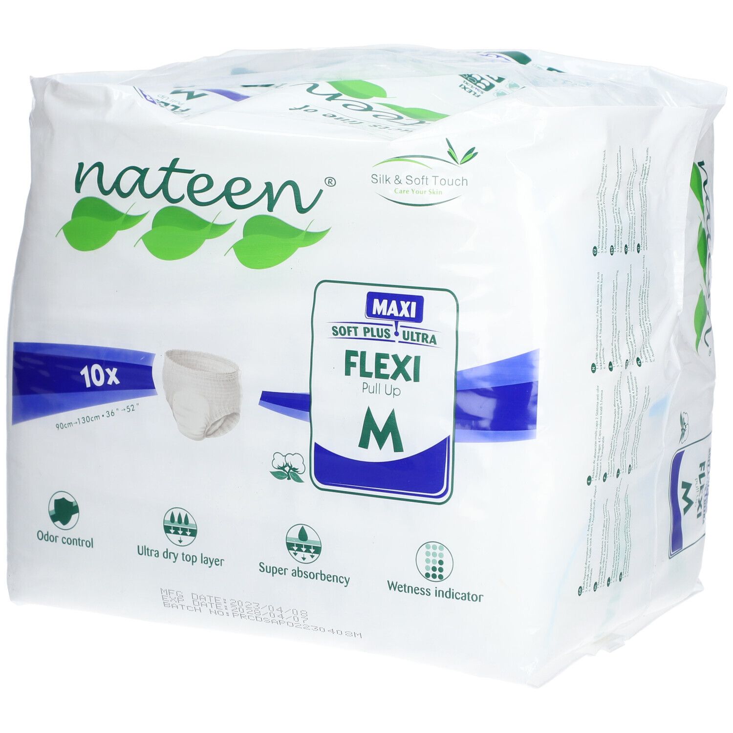 Verpakking van Nateen Flexi Pants Maxi Medium. 10 stuks. Maat M. Kenmerken: geurcontrole, ultra droge toplaag, super absorptie.