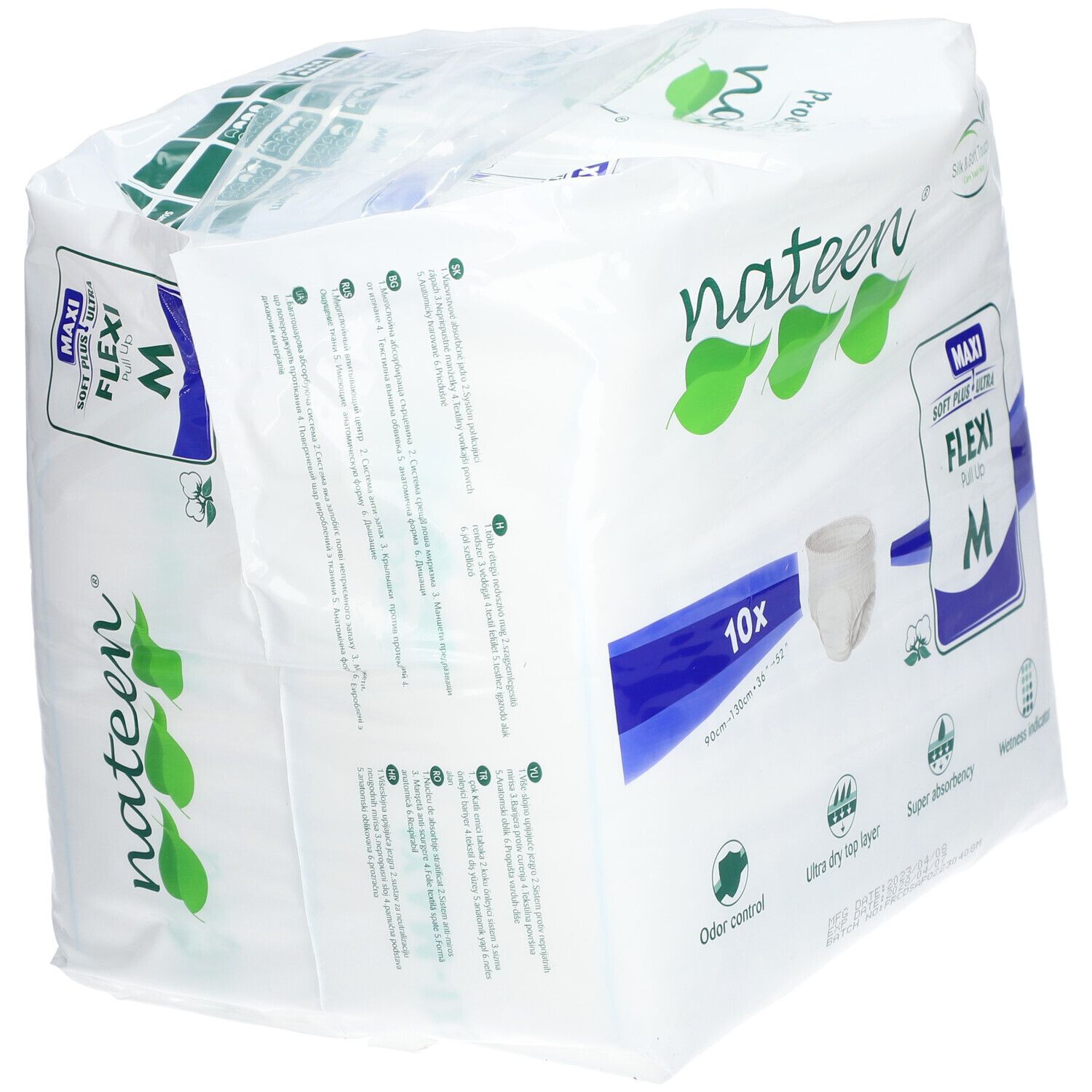 Verpakking van Nateen Flexi Pants Maxi Medium. 10 stuks. Maat M. Kenmerken: geurcontrole, ultra droge toplaag, super absorptie.