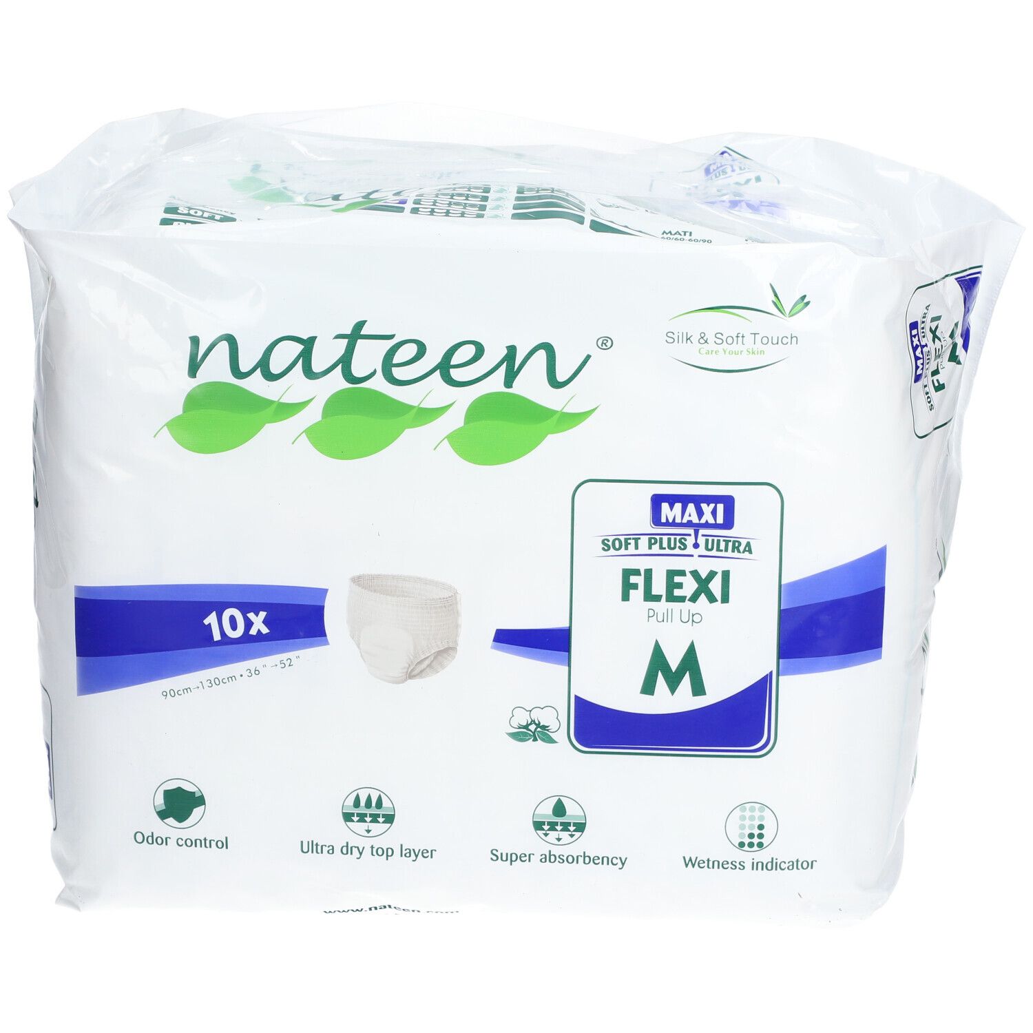 Verpakking van Nateen Flexi Pants Maxi Medium. 10 stuks. Maat M. Kenmerken: geurcontrole, ultra droge toplaag, super absorptie.