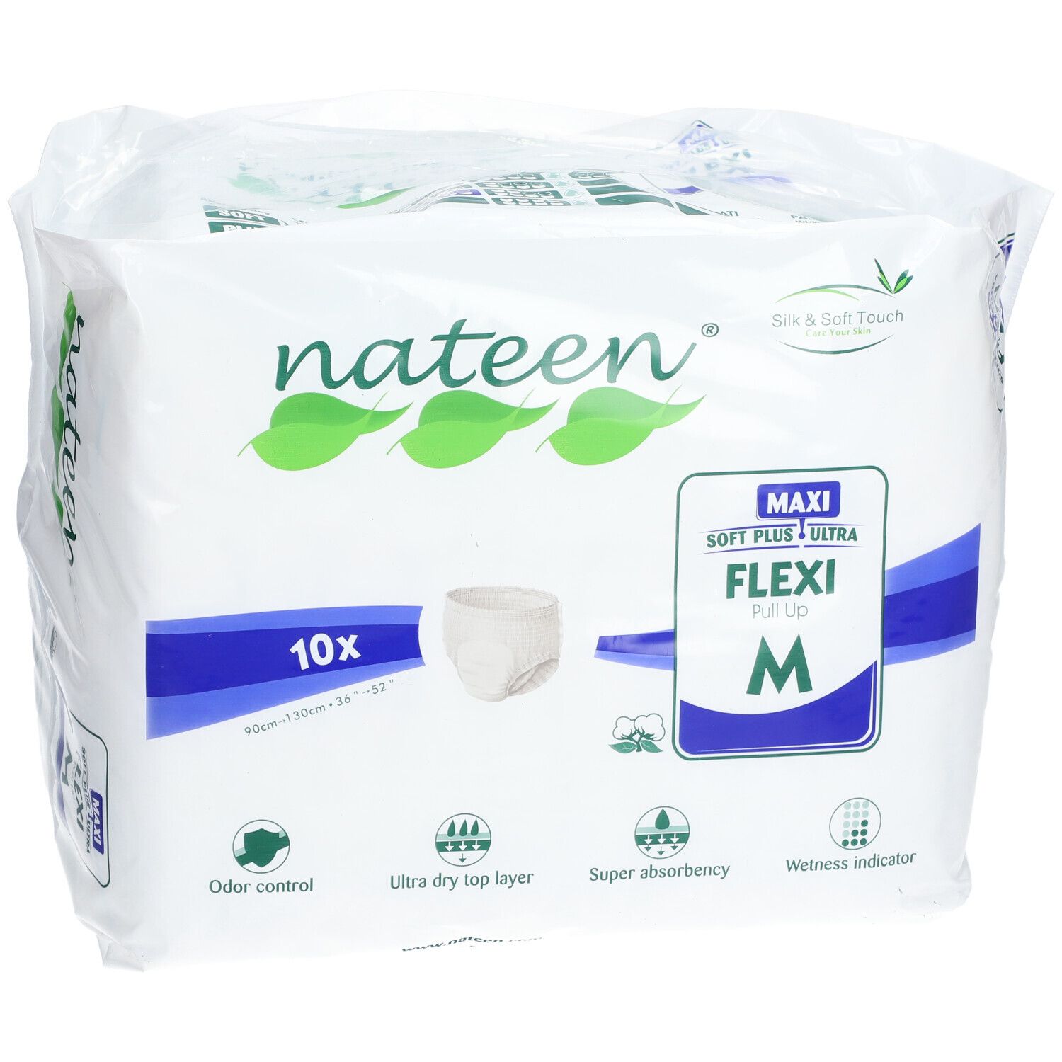 Verpakking van Nateen Flexi Pants Maxi Medium. 10 stuks. Maat M. Kenmerken: geurcontrole, ultra droge toplaag, super absorptie.