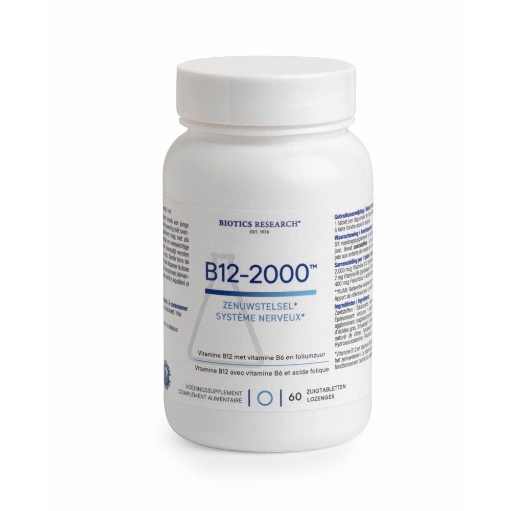 Flacon blanc B12-2000™ de BIOTICS RESEARCH®. Inscription: 60 comprimés à sucer. Couvercle.