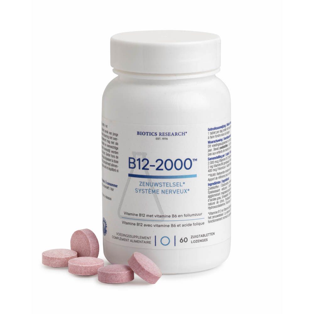 Flacon blanc B12-2000™ de BIOTICS RESEARCH®. Inscription: 60 comprimés à sucer. Comprimés.