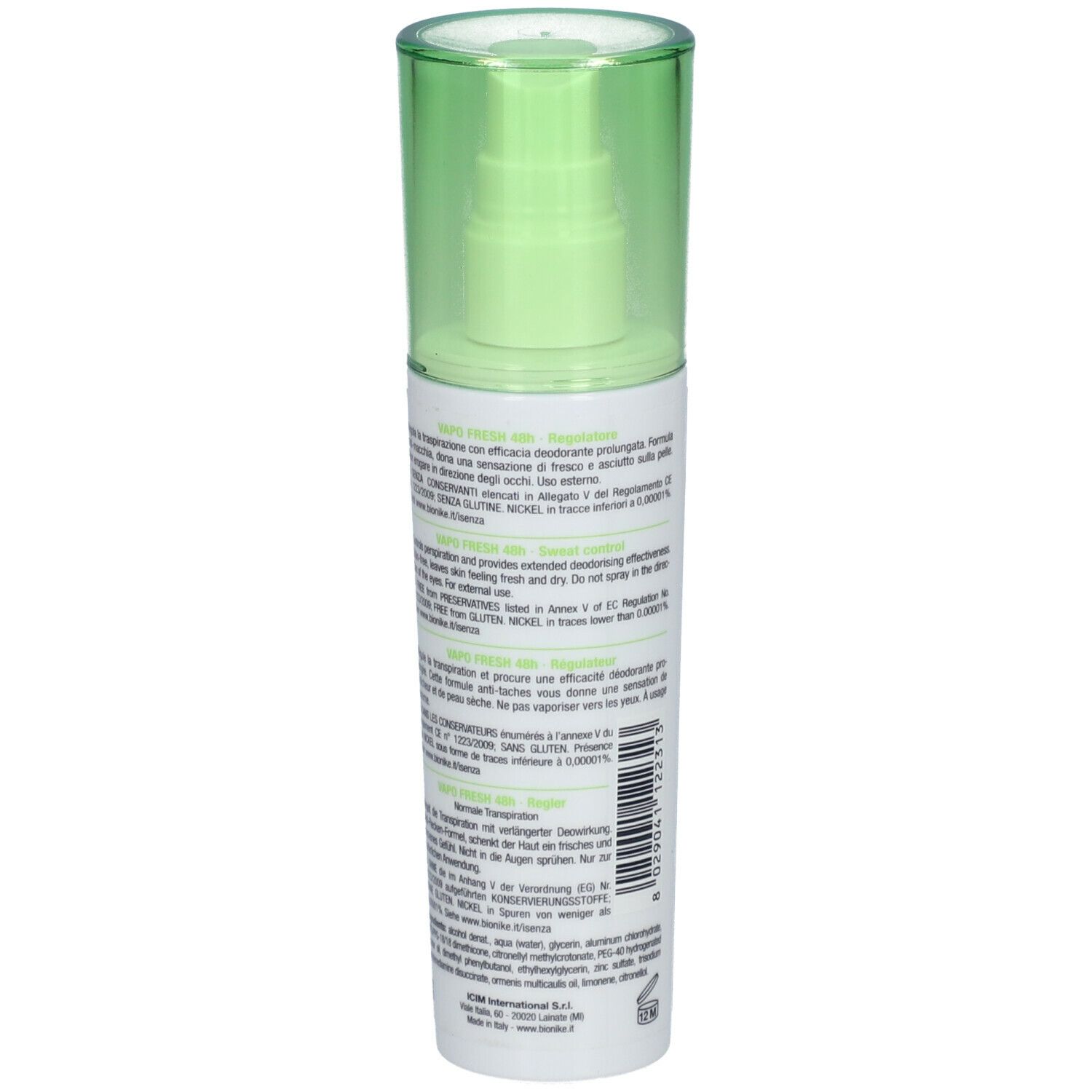 Vue latérale du vaporisateur. Bouchon vert, étiquette blanche avec texte. Marque: BioNike. Informations produit et code-barres.