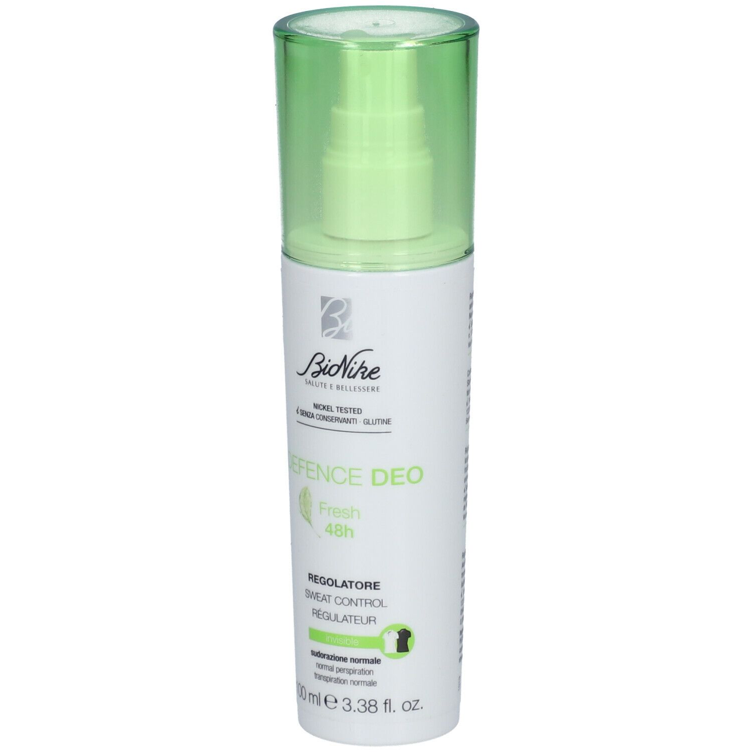 Vaporisateur déodorant avec bouchon vert. Inscription: Defence Deo Fresh 48h. Marque: BioNike. Étiquette blanche avec informations.