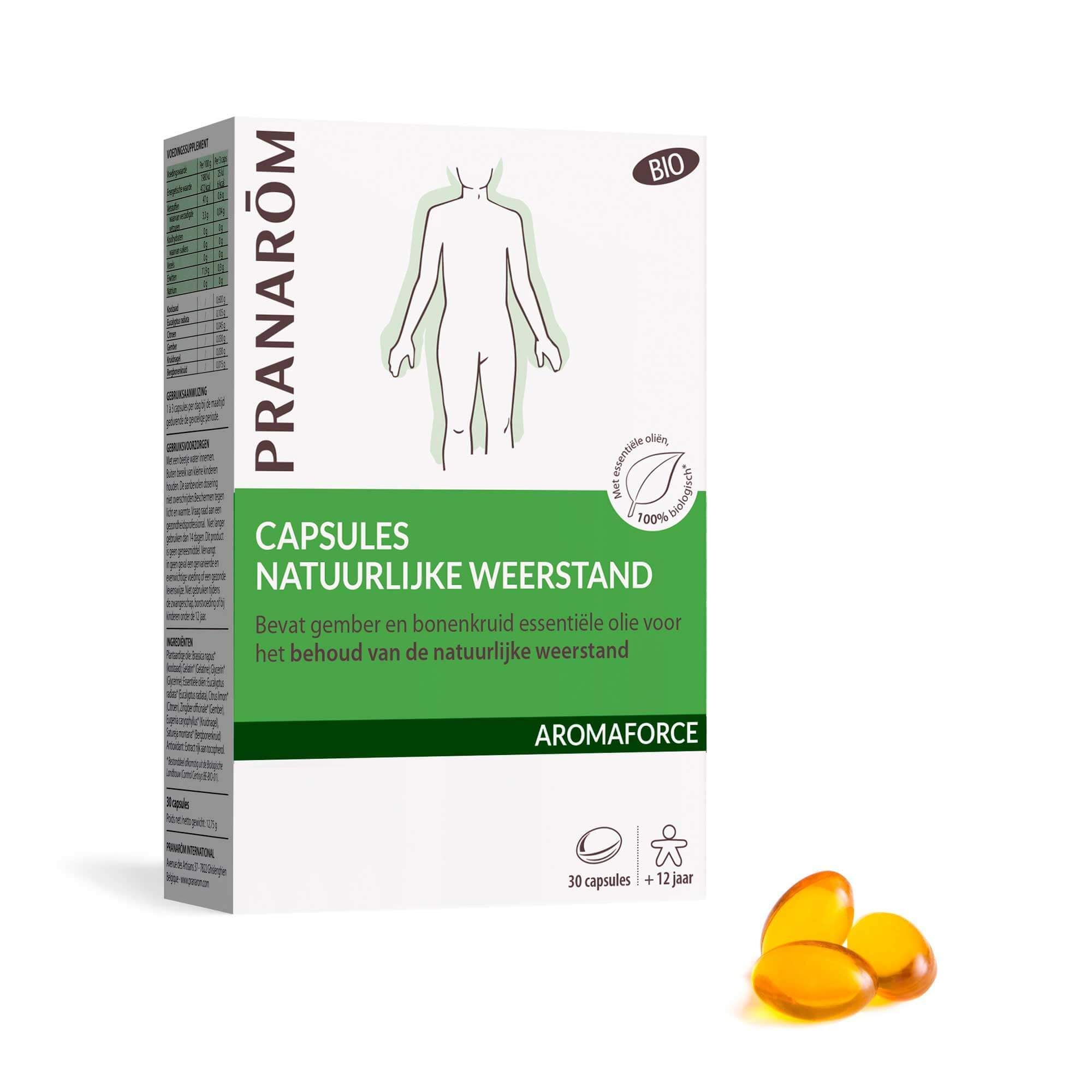 Capsules voor natuurlijke weerstand. Verpakking met 30 capsules. Bevat essentiële oliën. BIO-certificering.