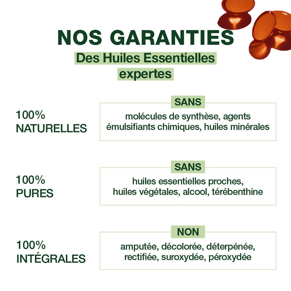 Onze garanties: deskundige essentiële oliën. 100% natuurlijk, puur en integraal. Zonder synthetische moleculen.