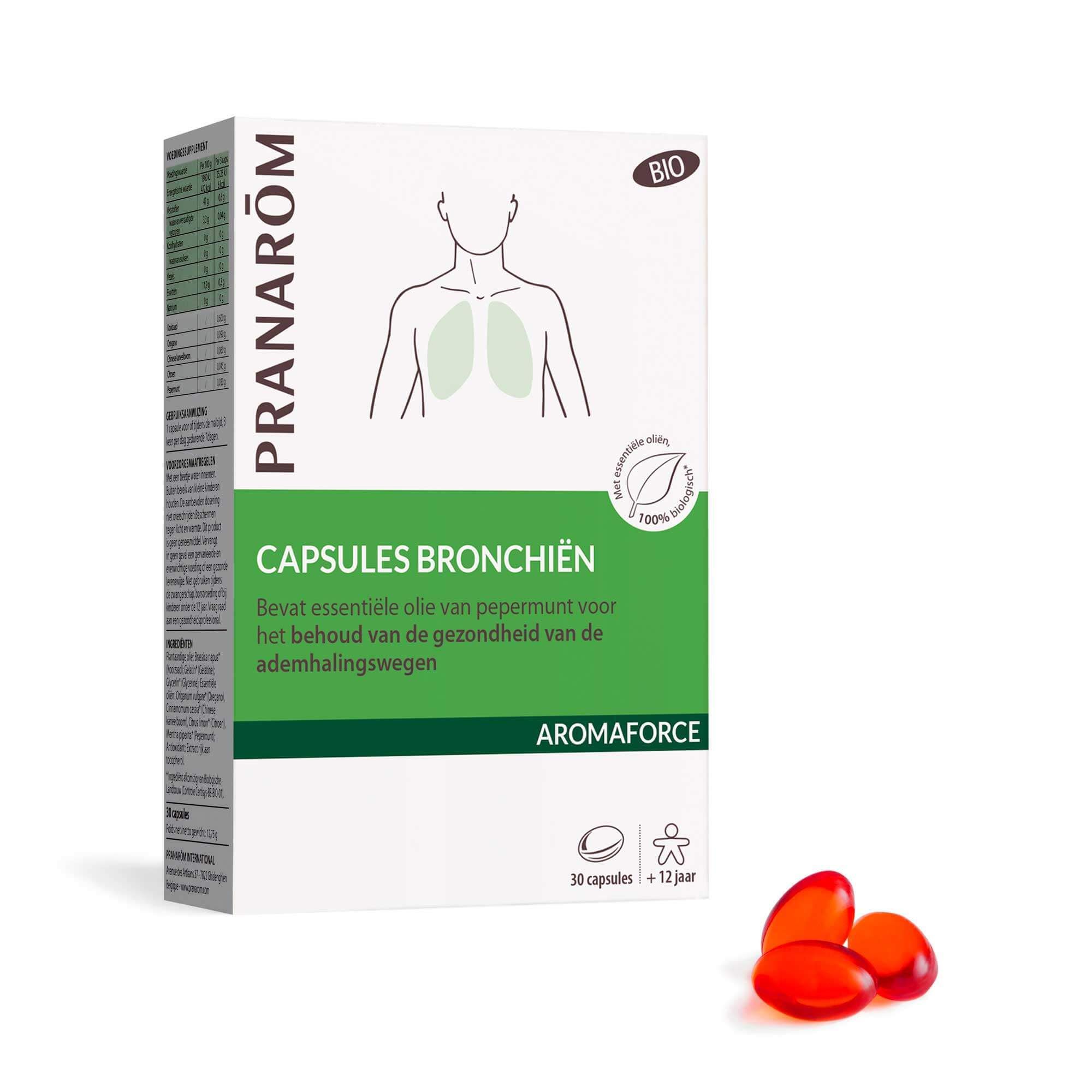 Doosje Pranarom Capsules Bronchiën. 3 rode capsules ernaast.