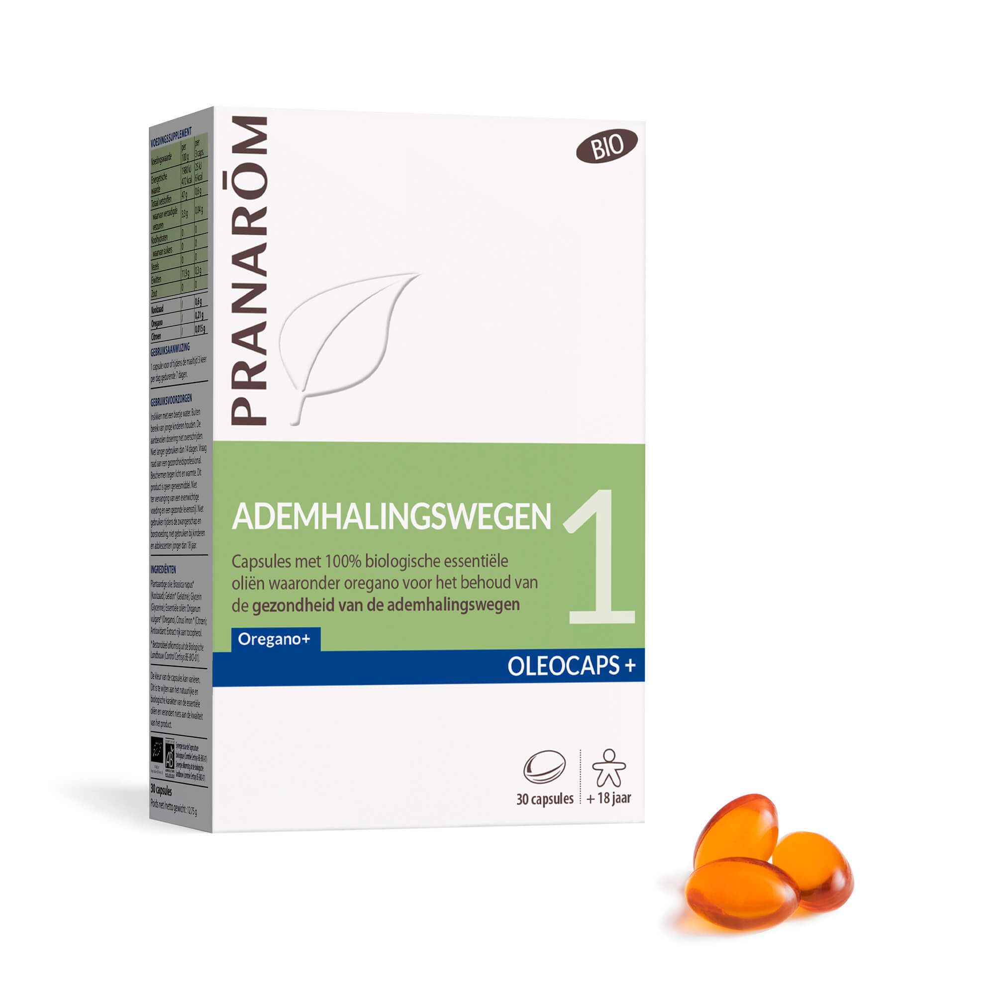 Doosje met capsules. Opschrift: ADEMHALINGSWEGEN 1. OLEOCAPS+. BIO-label. Enkele capsules ernaast.