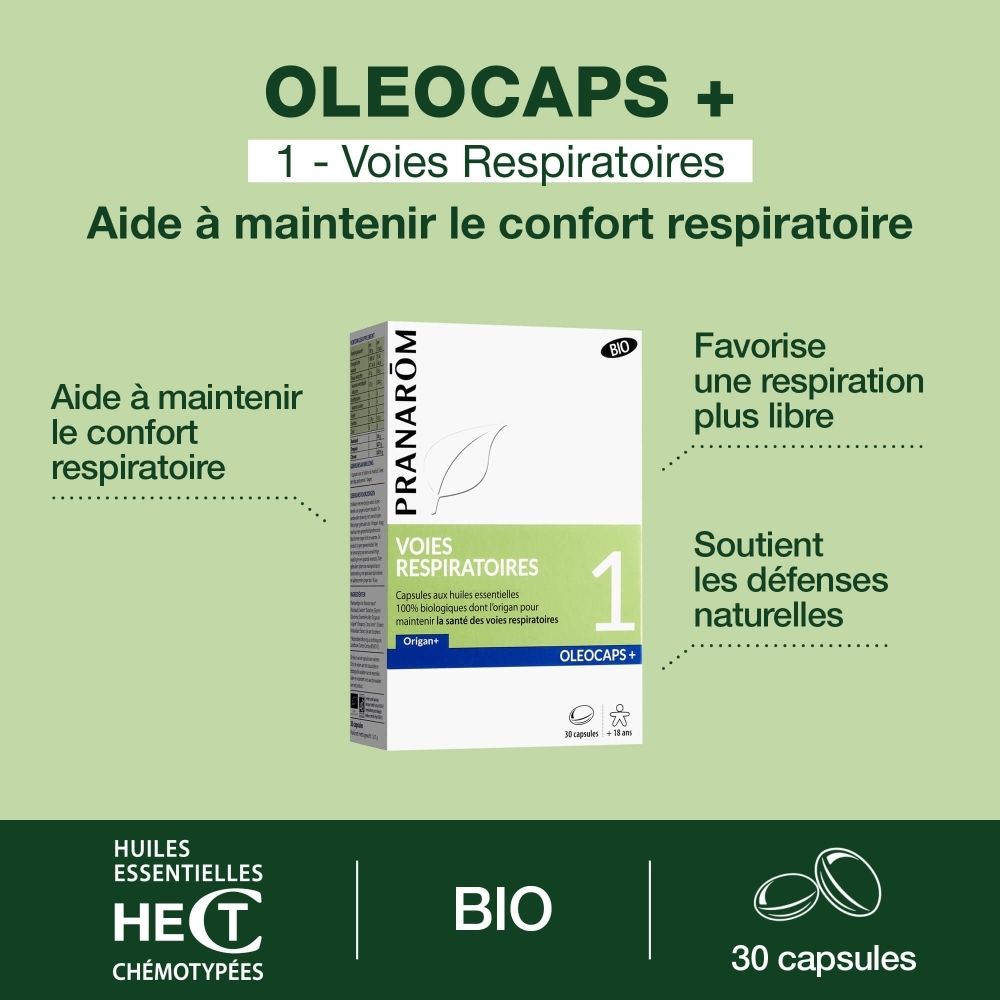 Boîte de gélules Pranarôm. Inscription: Ademhalingswegen 1, Oleocaps+. Certification Bio. 30 gélules.
