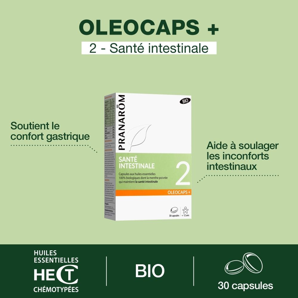 Emballage du produit. Inscription: SANTE INTESTINALE 2. Certification BIO. 30 gélules.